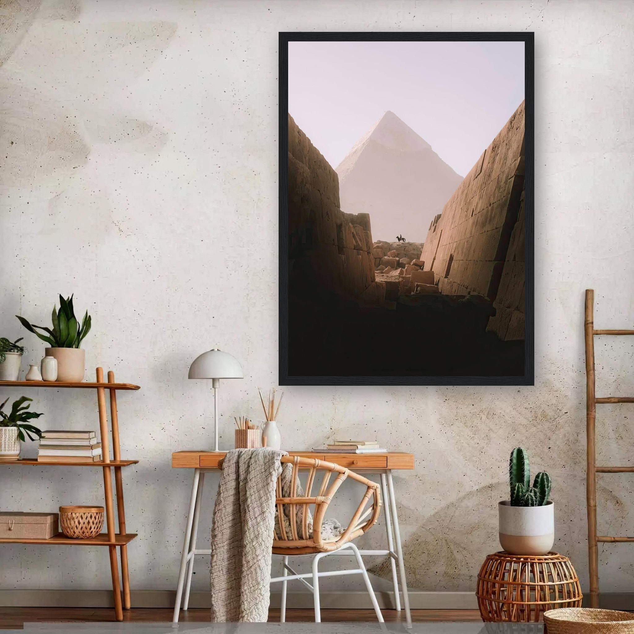 Framed print of the Great Pyramid of Giza viewed from an ancient passageway, featuring a rider on horseback.