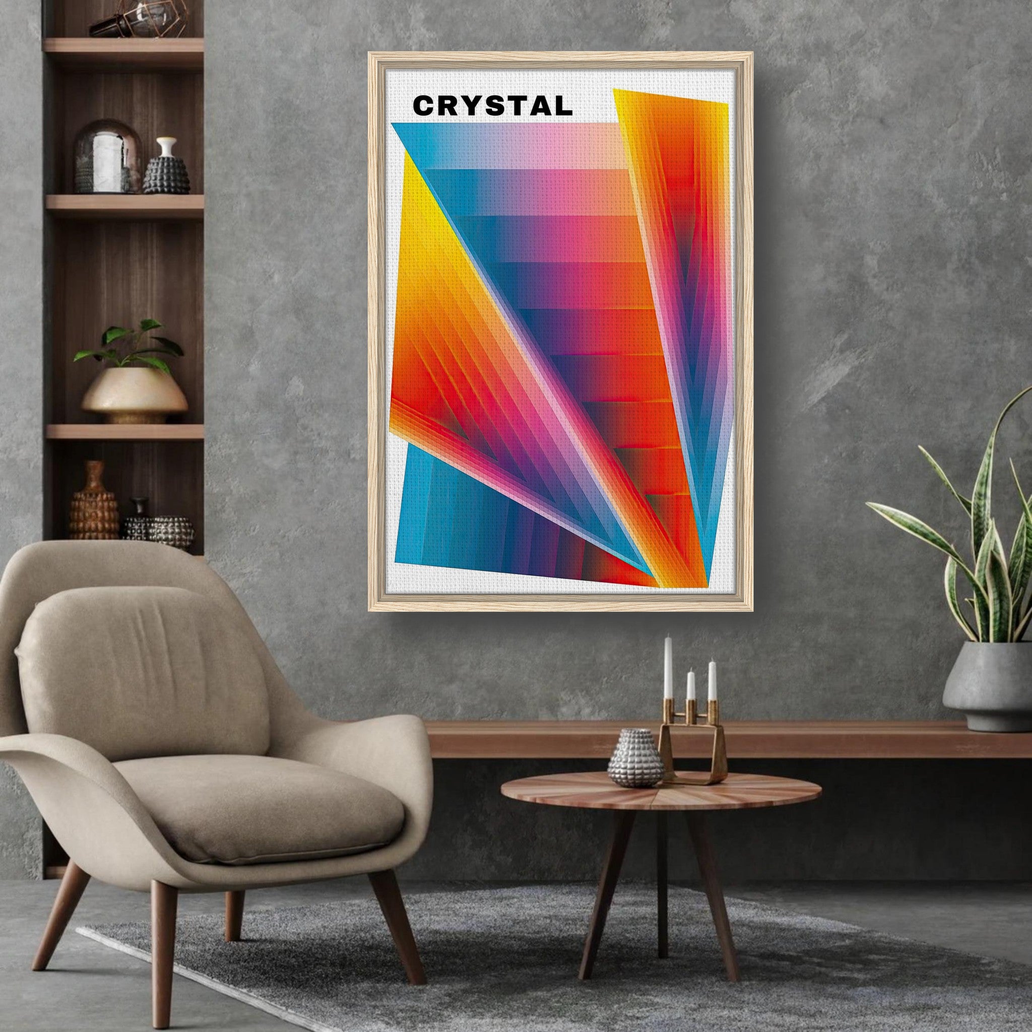 Framed Crystal Abstract Art print in a stylish living room, showcasing vibrant colors and geometric patterns.