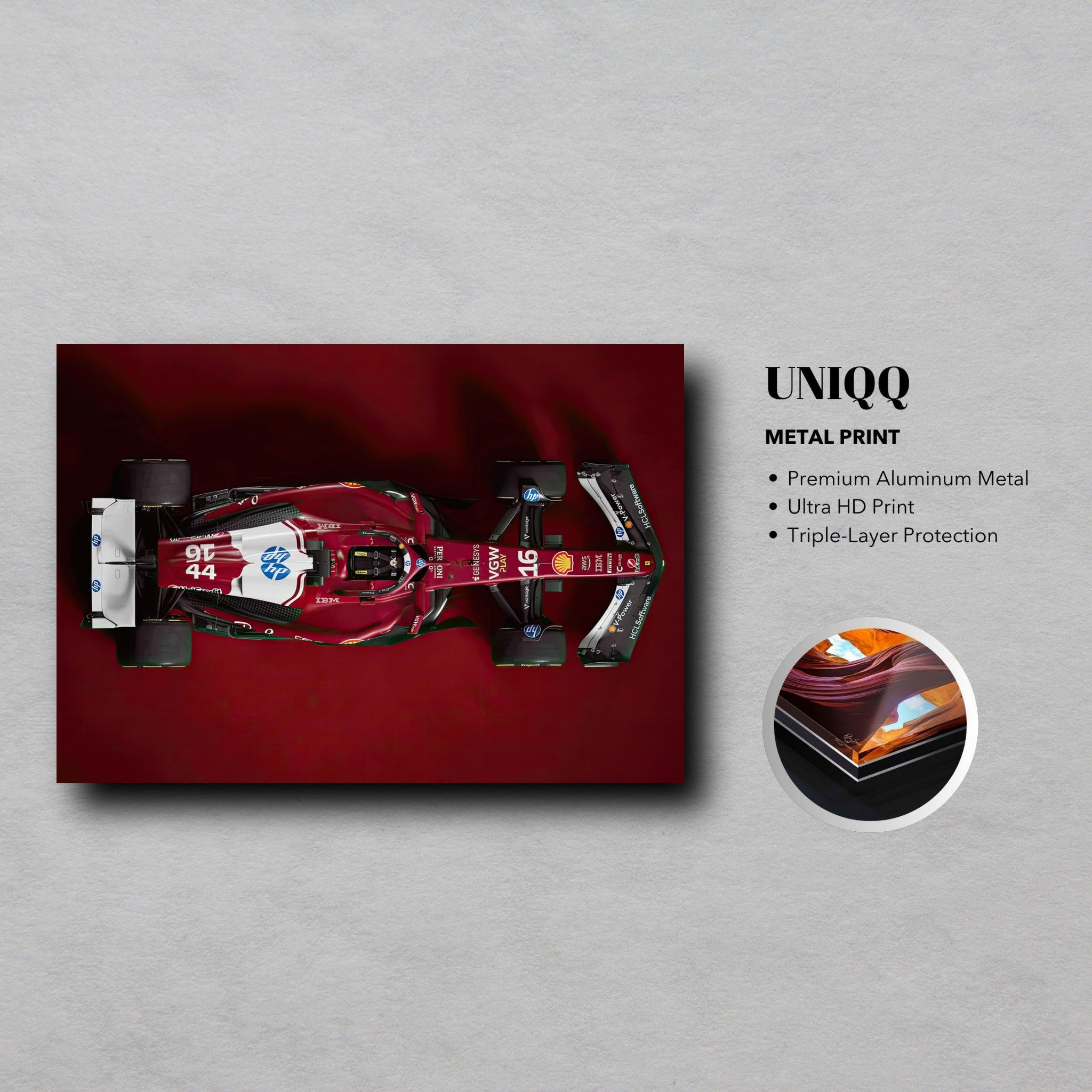 Ferrari F1 2025 metal print showcasing a sleek car design with deep red backdrop and top-down view.