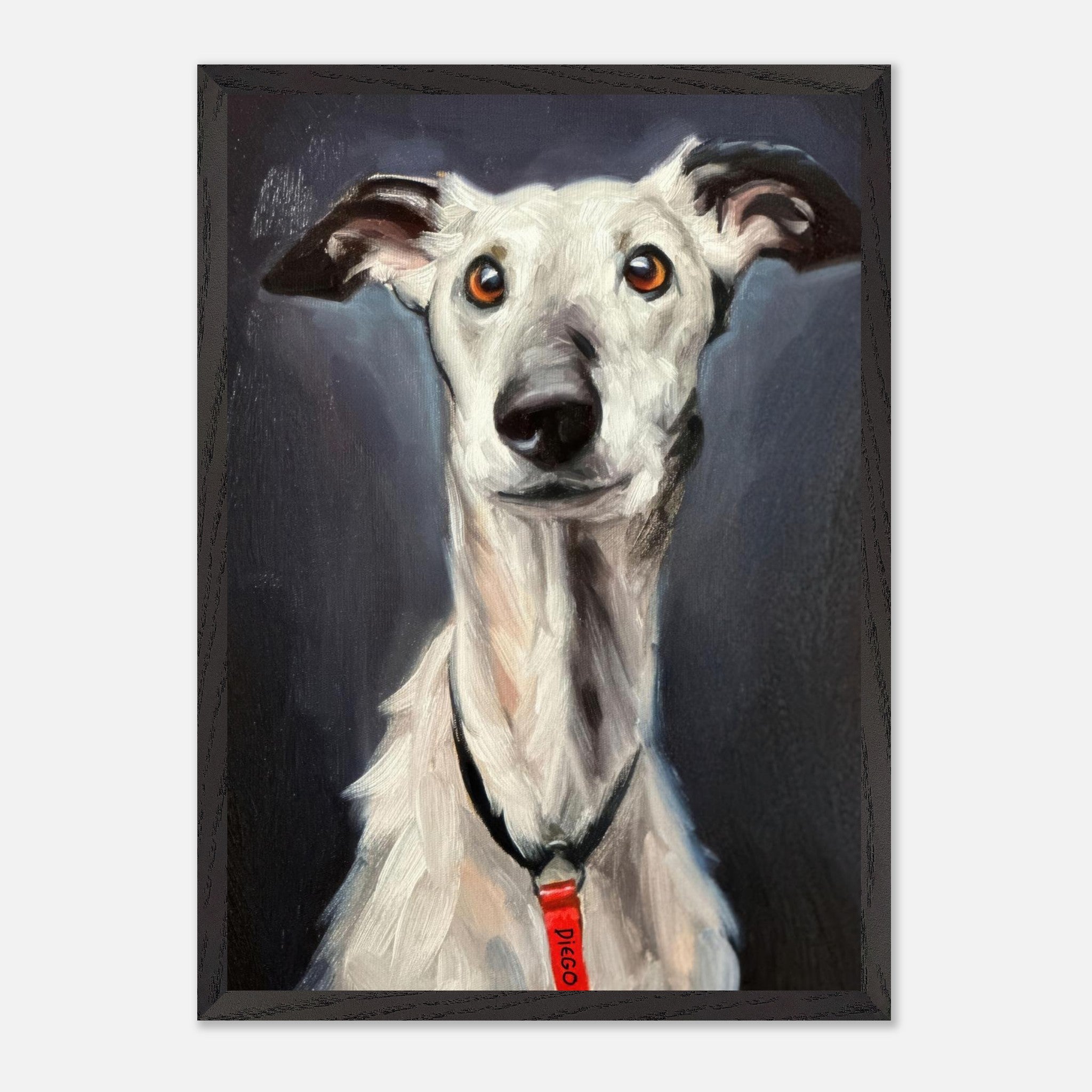 Vintage framed print of a greyhound dog, capturing its elegance and noble expression with detailed artistry.