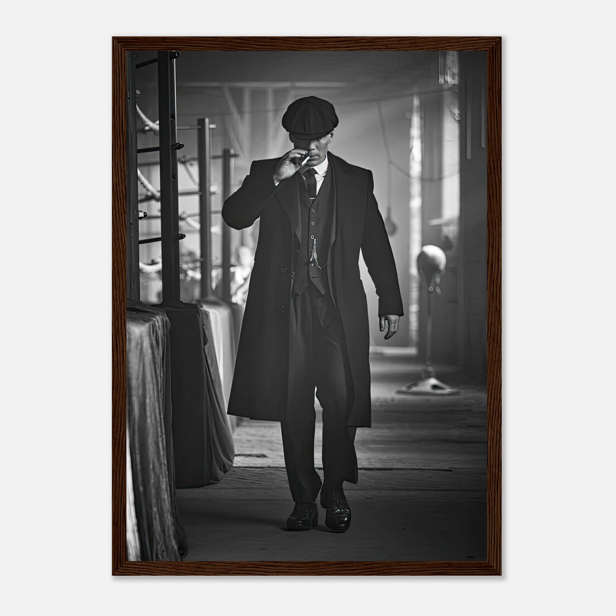 Tommy Shelby in Peaky Blinders framed print, capturing his 1920s style and commanding presence.