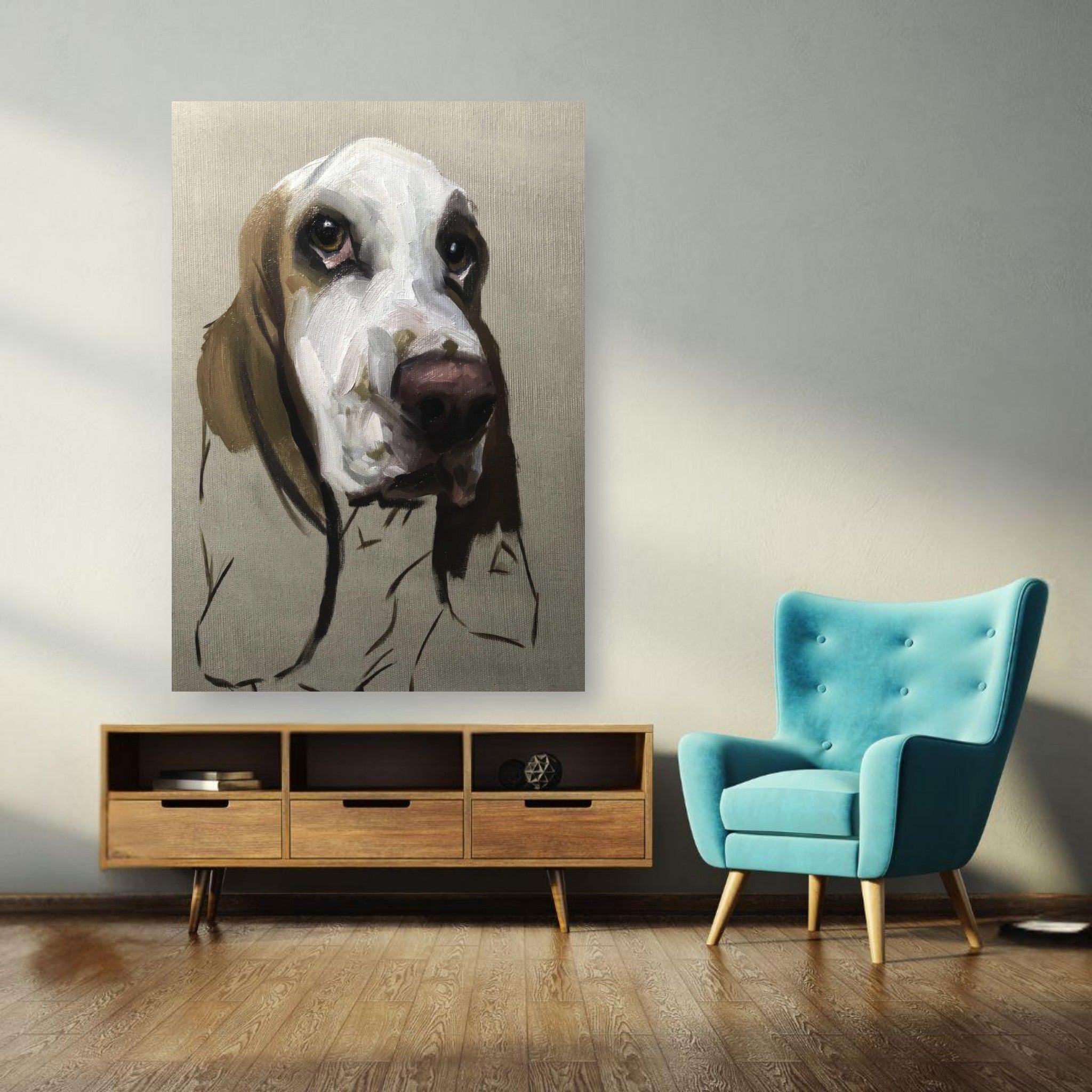 Basset Hound dog painting poster displayed in a modern living room, showcasing its expressive face and droopy ears.