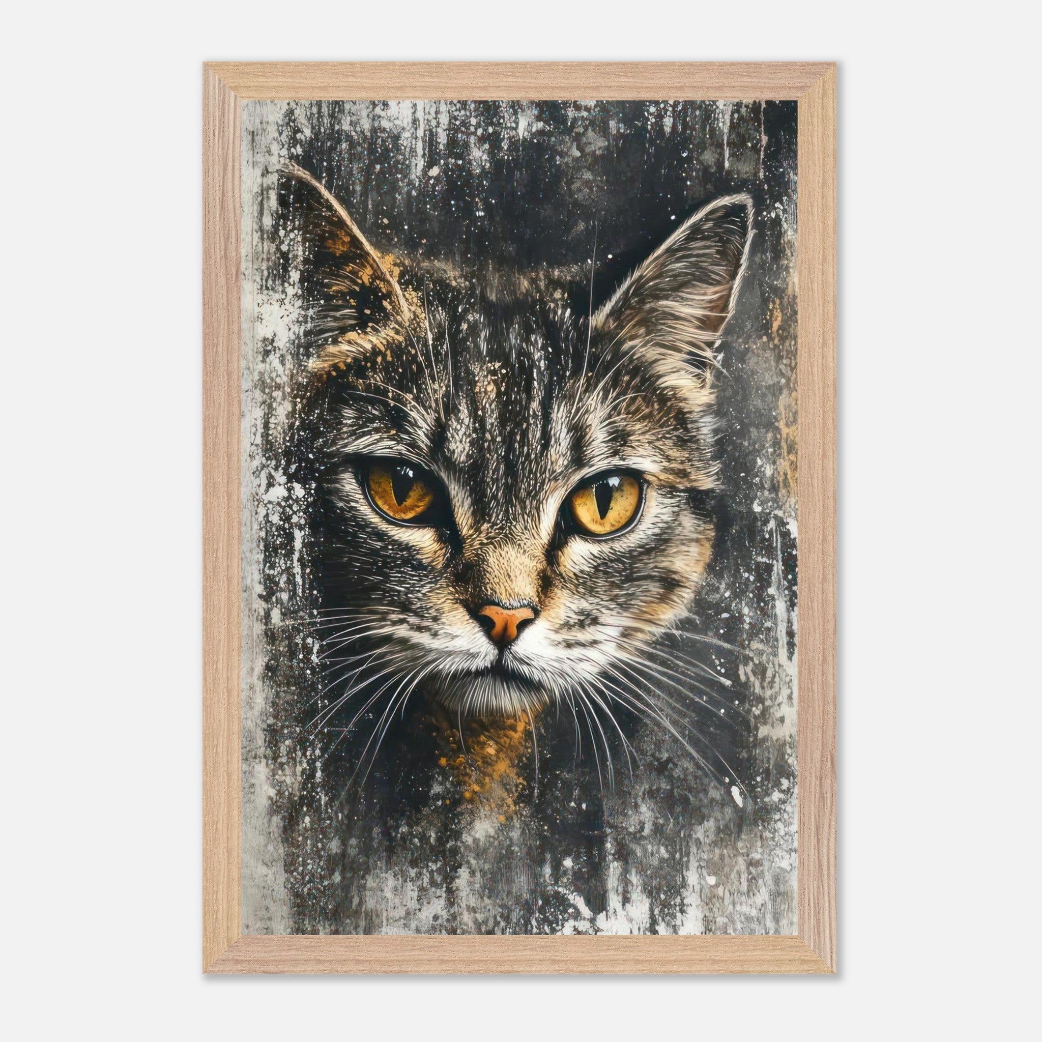 Cat painting artwork featuring golden eyes and intricate fur details on textured canvas.
