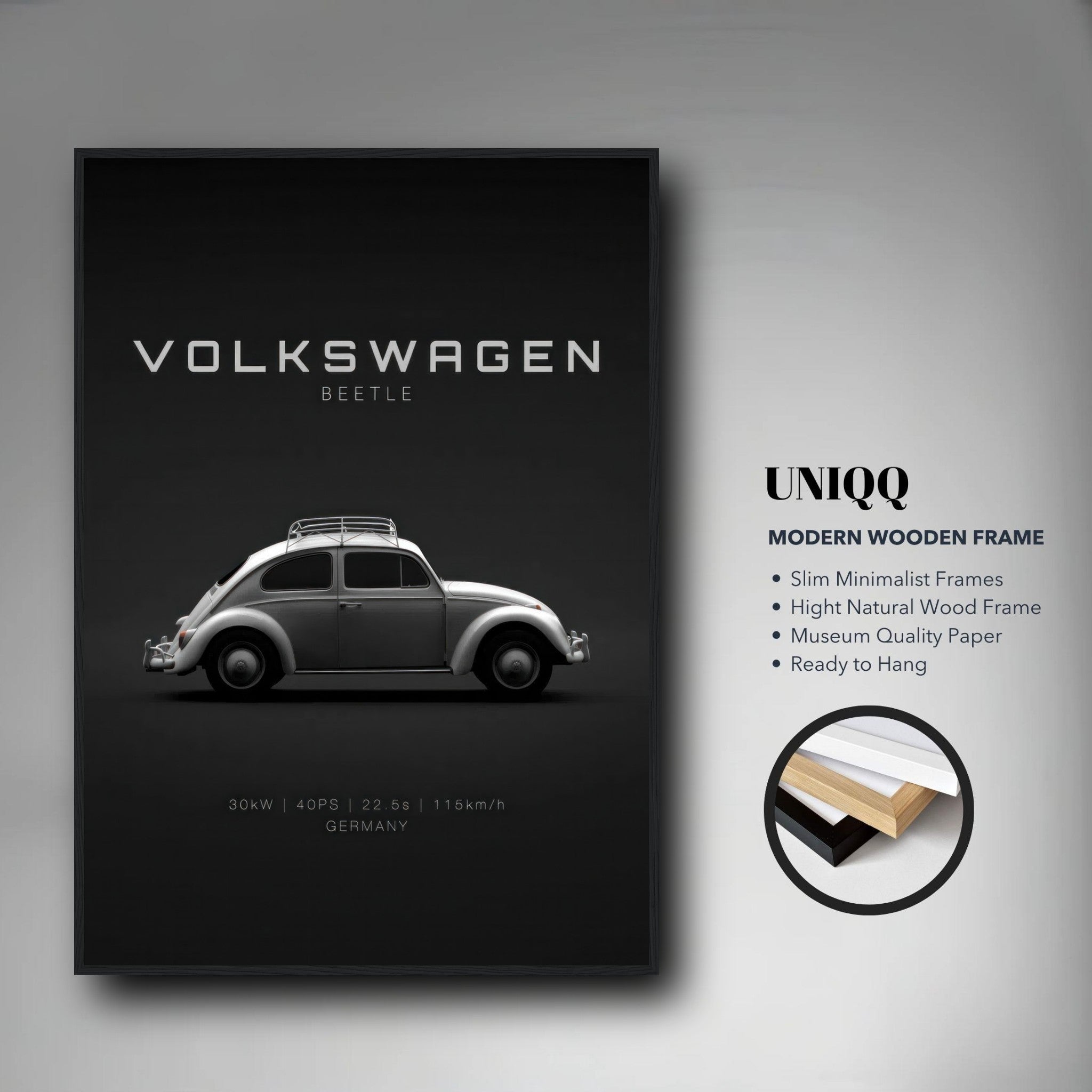 Volkswagen Beetle framed poster showcasing sleek car profile against a minimal black background, ideal for vintage car lovers.