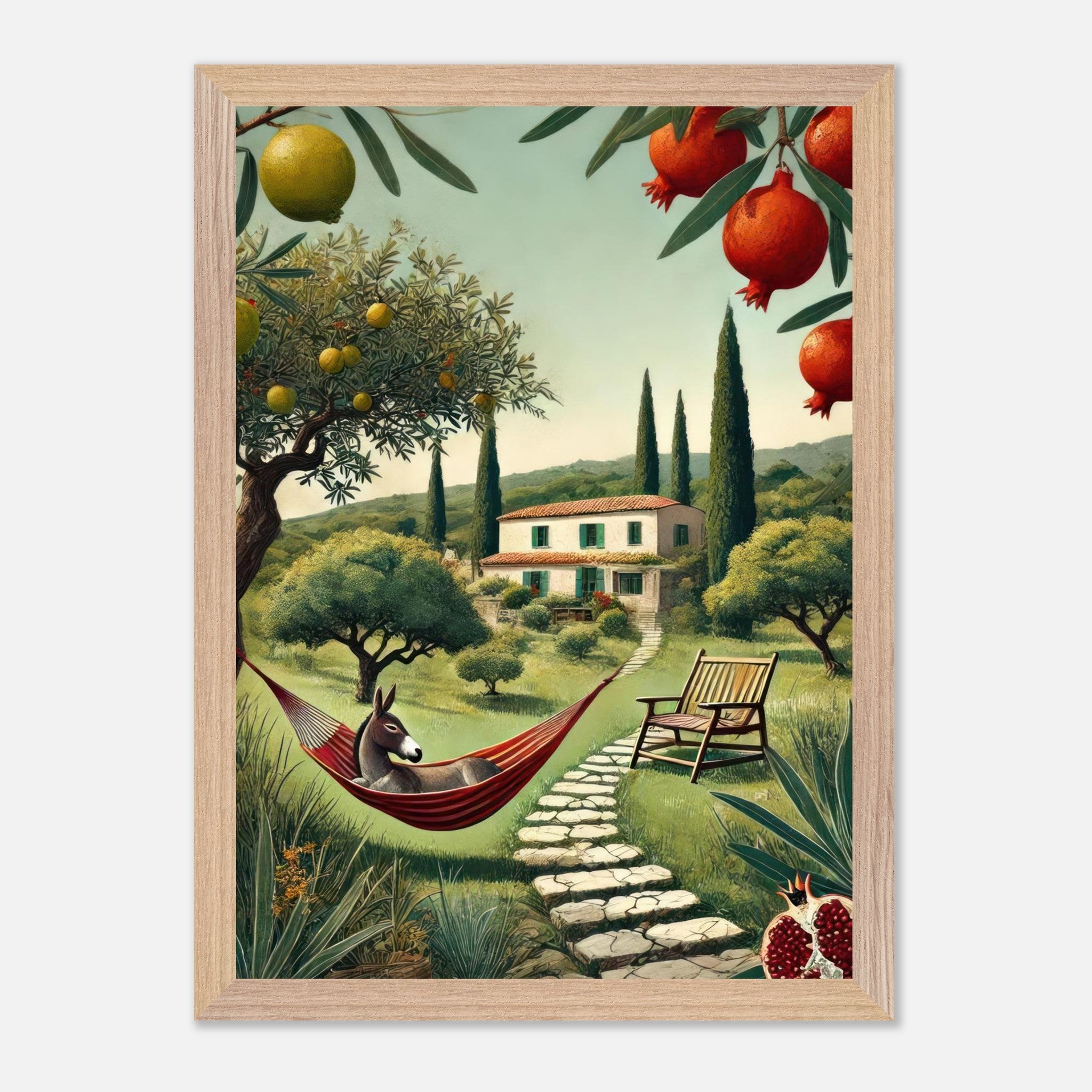 Vintage framed print of a Mediterranean landscape with olive trees, a villa, and a donkey in a hammock.