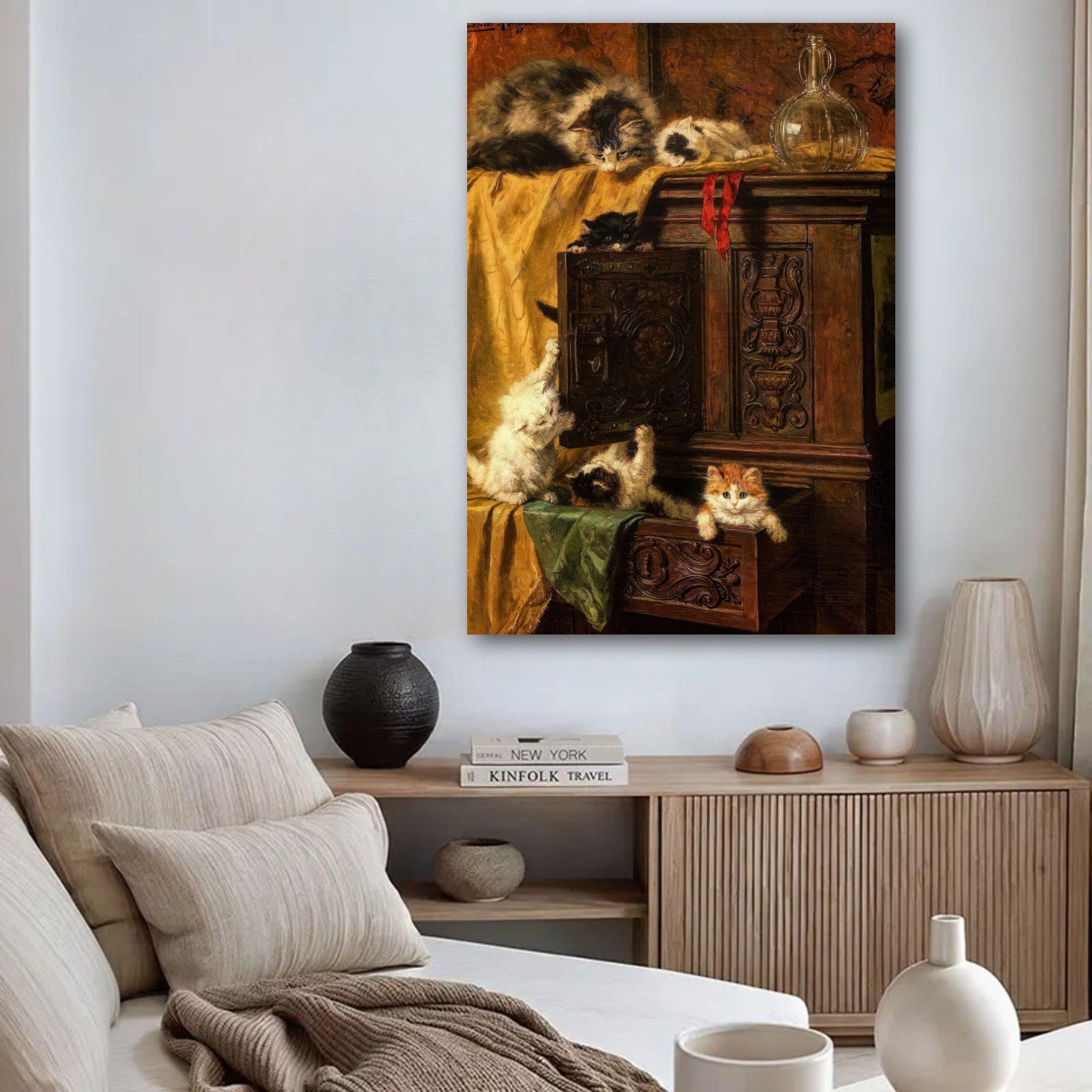 Vintage Cat Painting Poster showcasing playful kittens exploring a wooden cabinet, ideal for home decor.
