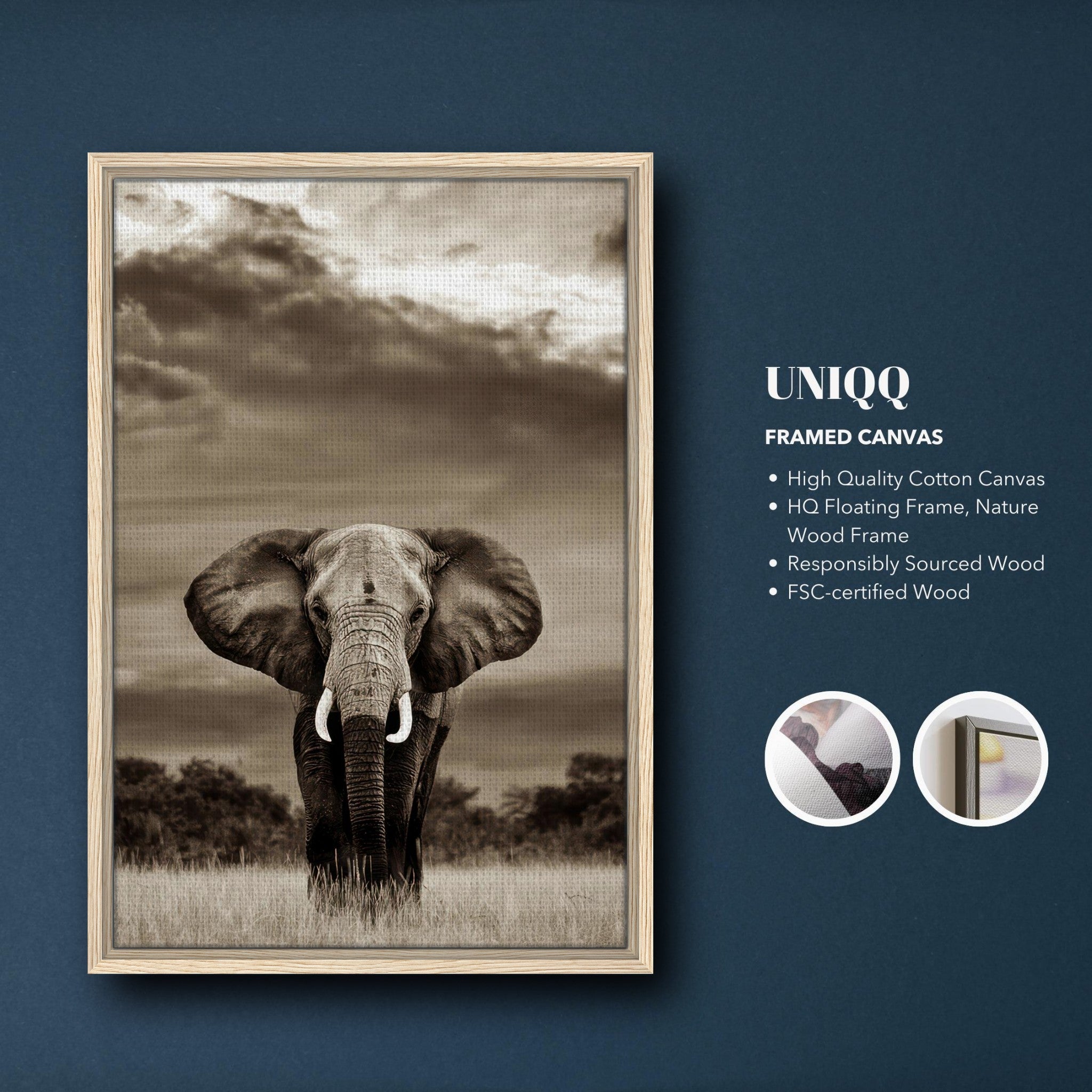 Stunning framed canvas print of an elephant portrait, showcasing nature's beauty and strength in monochrome tones.