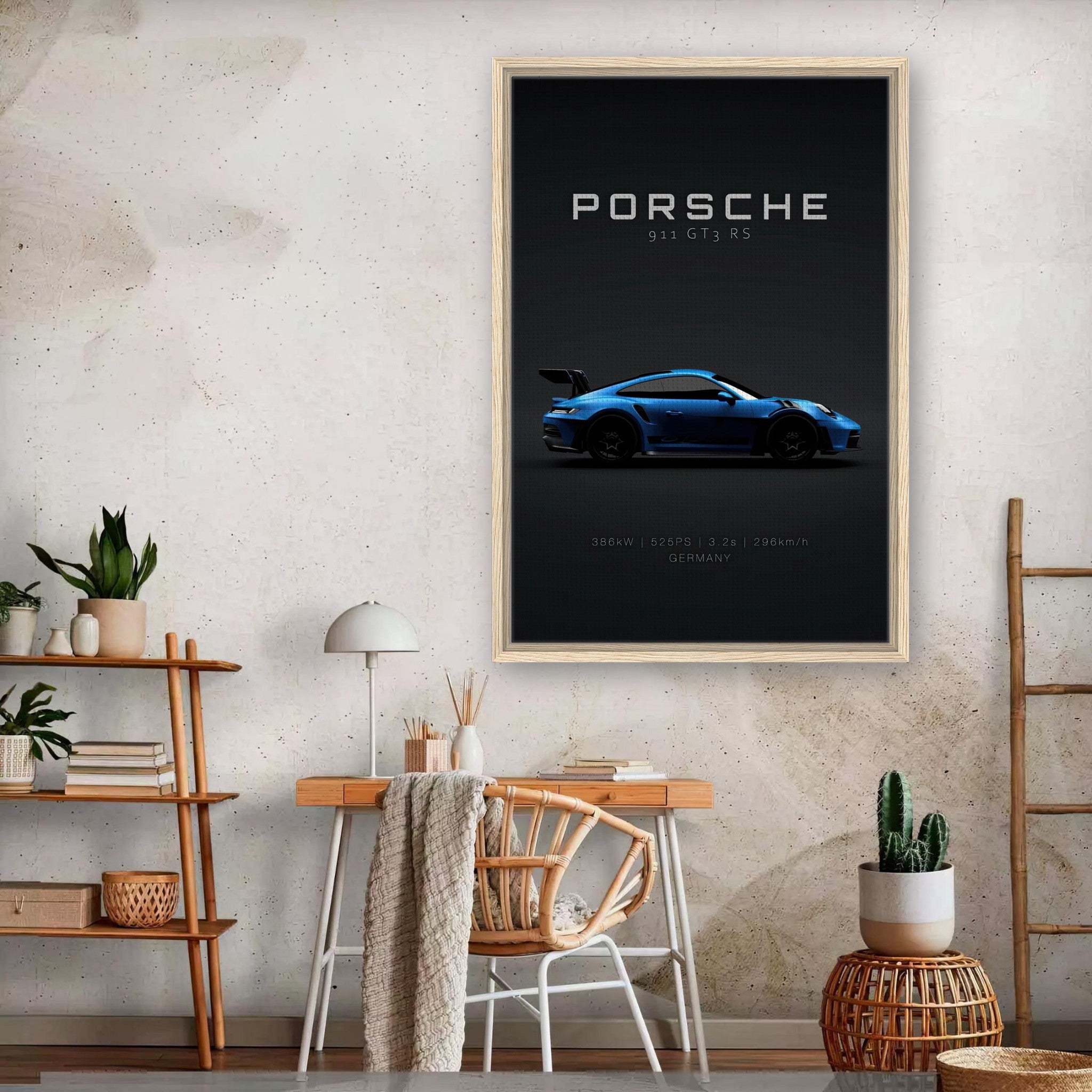 Porsche 911 GT3 RS Framed Canvas Print in modern living room setting with minimalist decor.