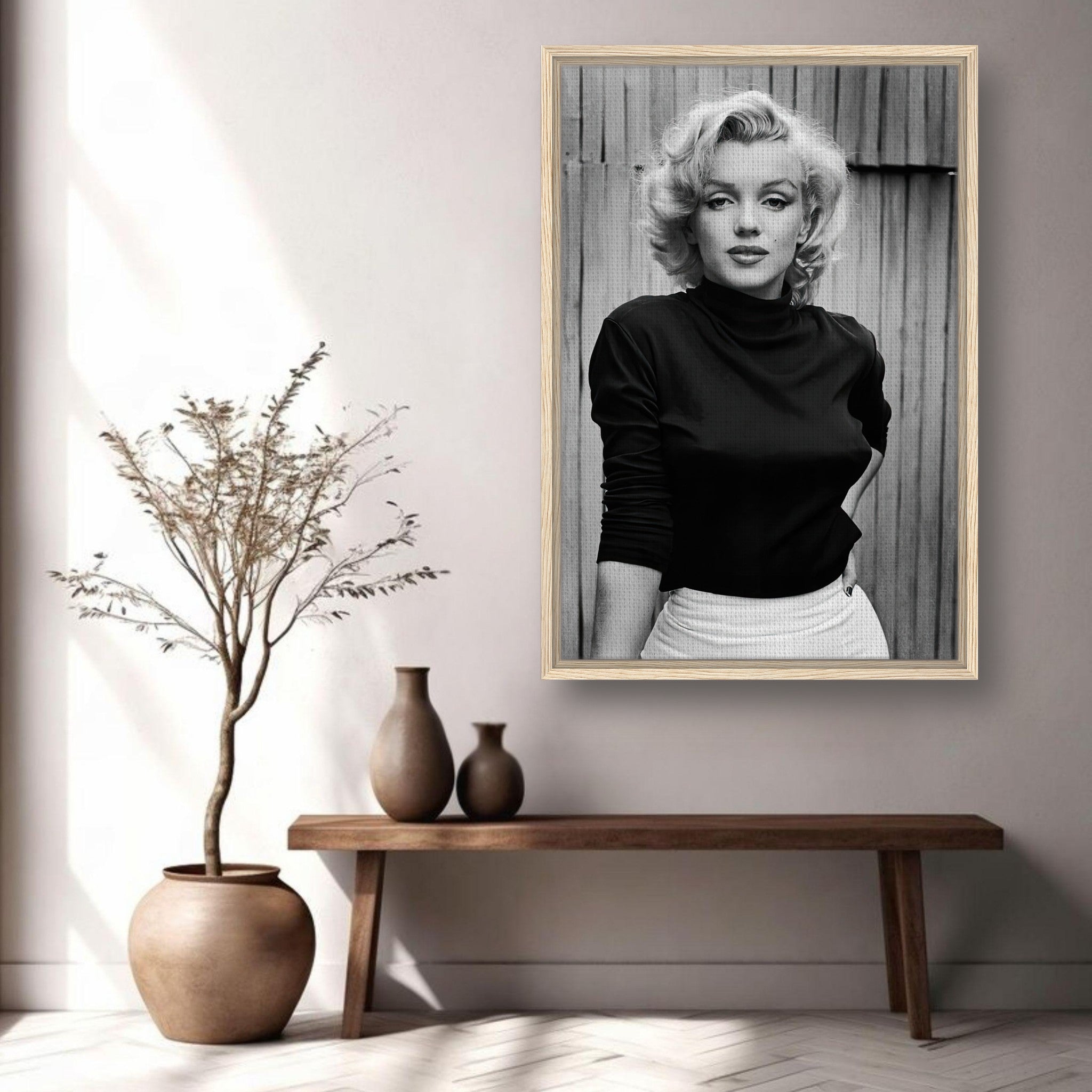 Marilyn Monroe portrait framed canvas print in stylish living room decor.