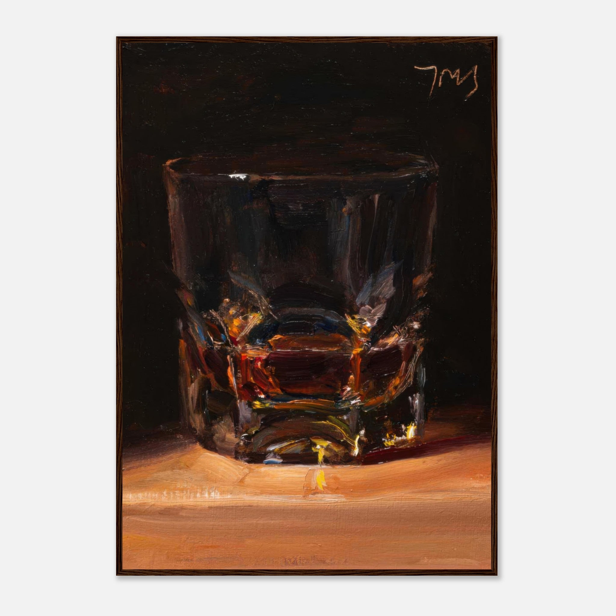Whiskey framed print showcasing a glass with deep amber tones, ideal for home bars and upscale dining areas.