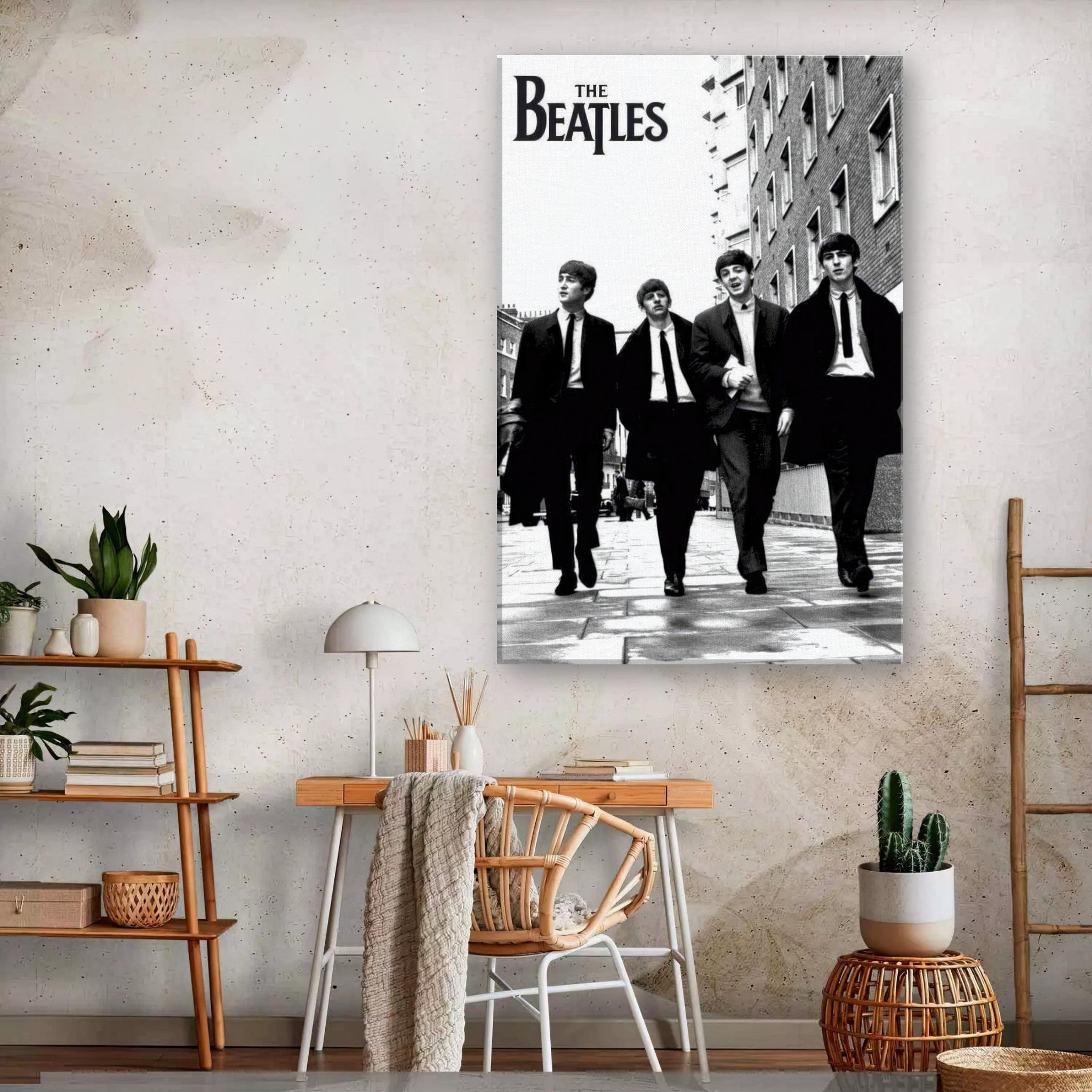 The Beatles Canvas Print featuring iconic black and white image of the band walking together.