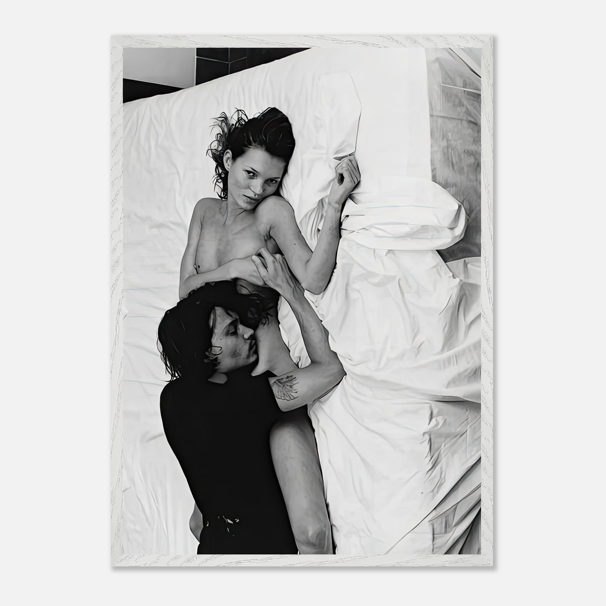 Kate Moss and Johnny Depp in an intimate moment, fine art photography from 1994, capturing pop culture history.