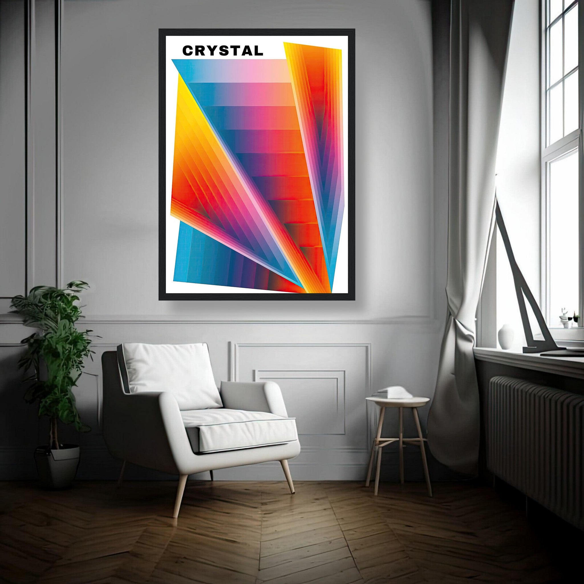 Framed Crystal Abstract Art print featuring vibrant geometric patterns and colors, enhancing modern interior decor.