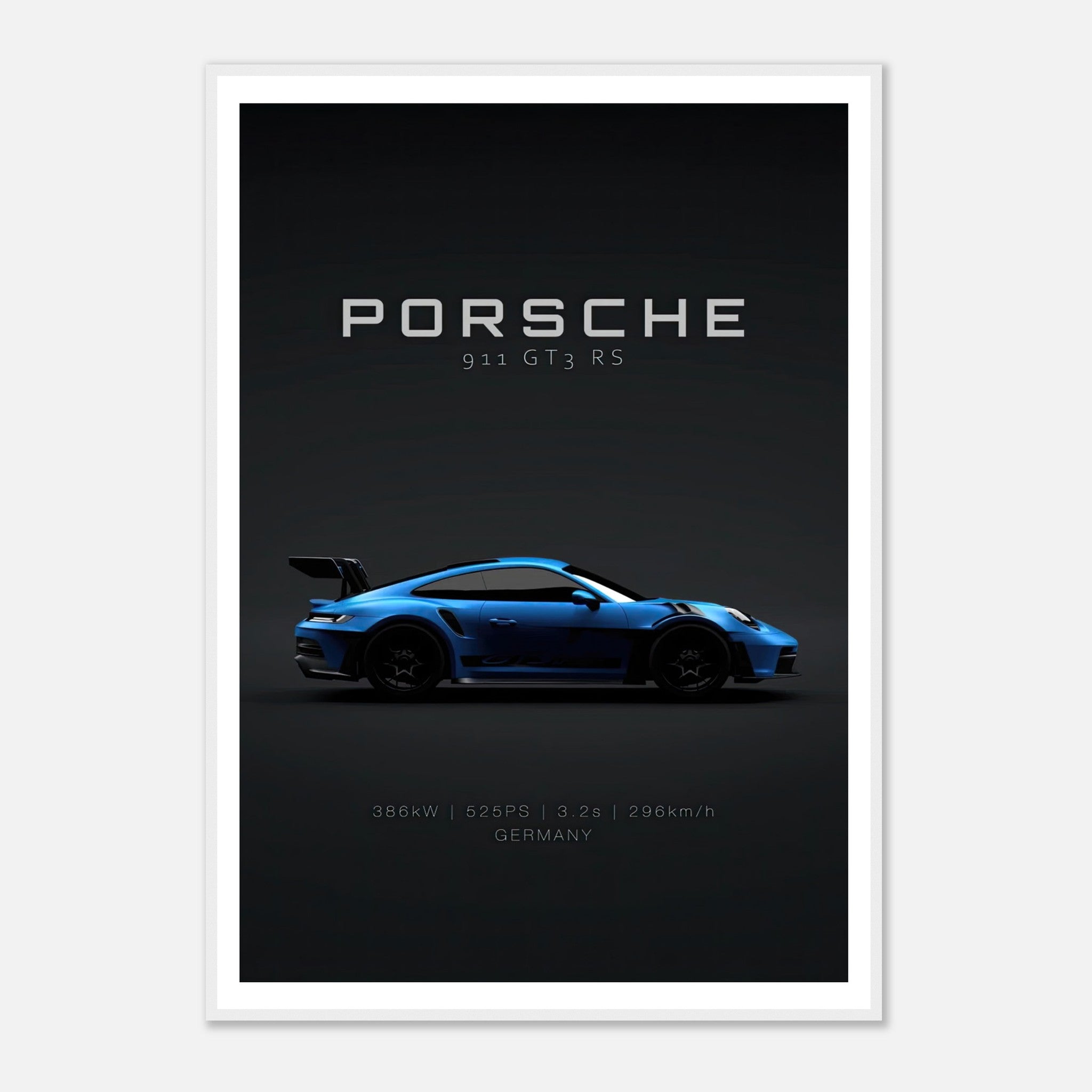 Framed poster of Porsche 911 GT3 RS showcasing its sleek profile and performance stats on a dark background.
