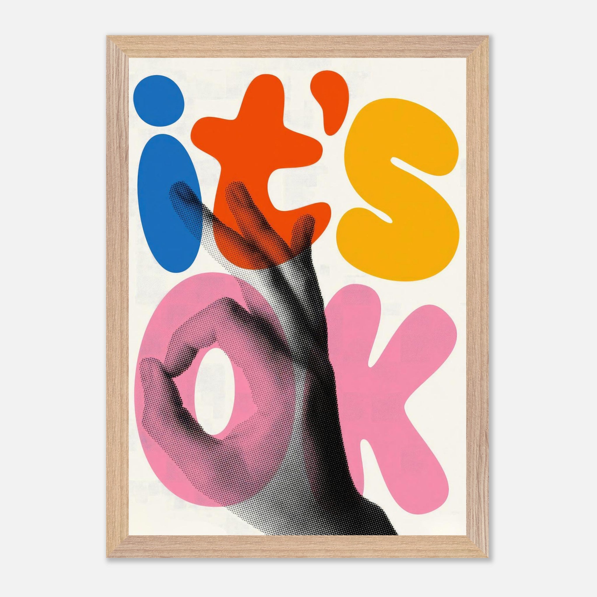 Retro abstract pop art print featuring vibrant colors and hand gesture with the text 'it's OK' in bold typography.