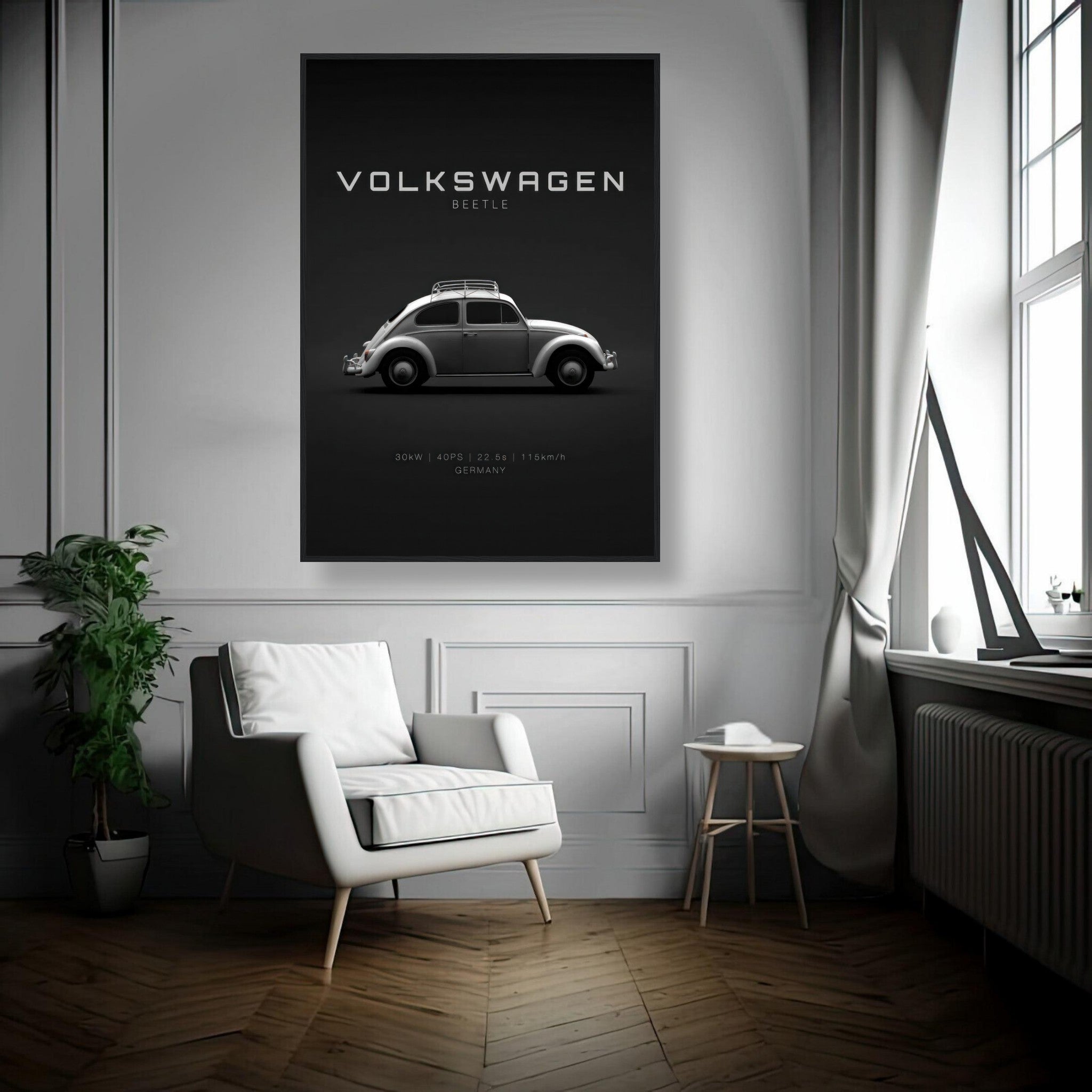 Framed poster of a Volkswagen Beetle on a black background, showcasing vintage automotive elegance in a modern living space.