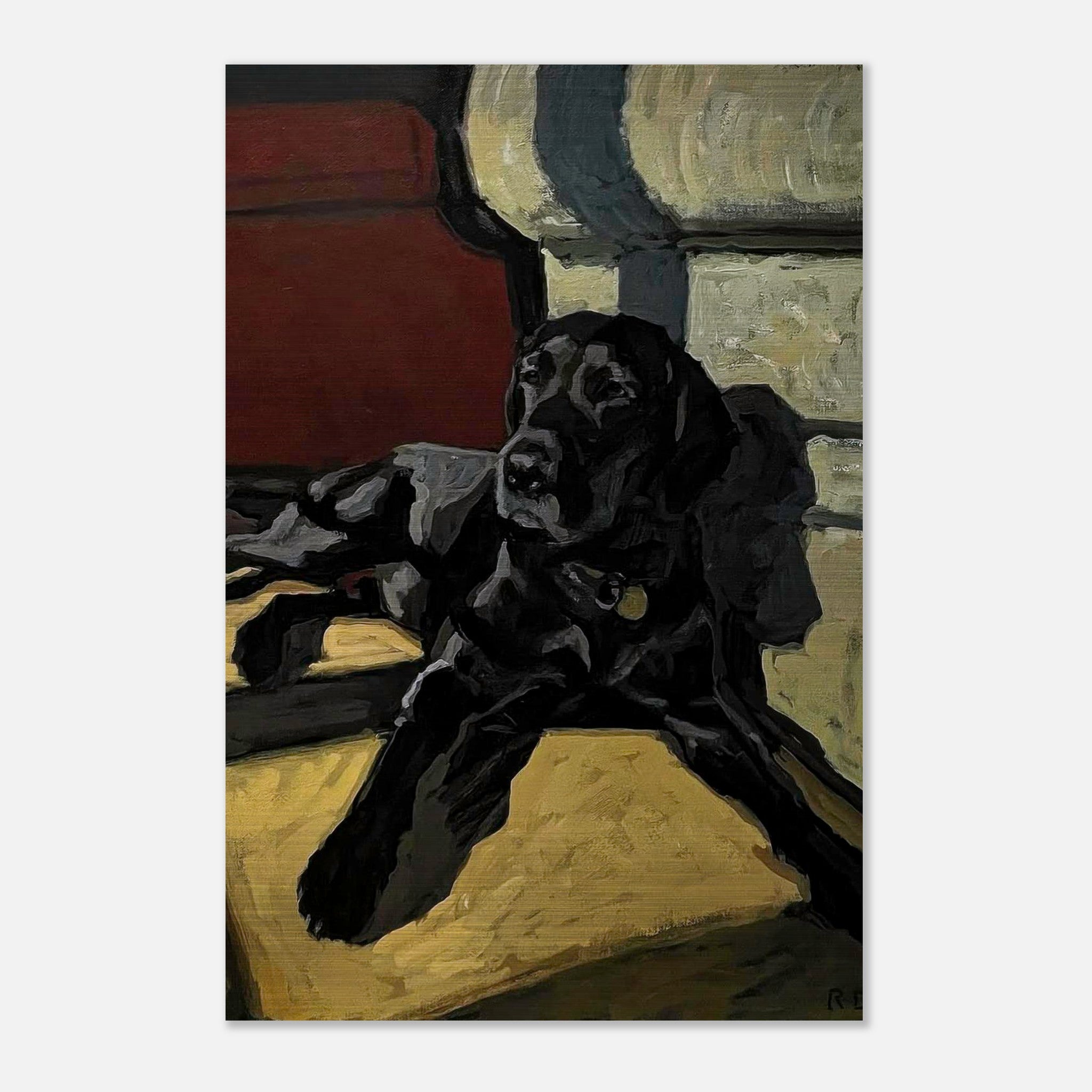 Black Labrador dog painting on brushed metal, showcasing rich hues and bold brushstrokes in an elegant composition.