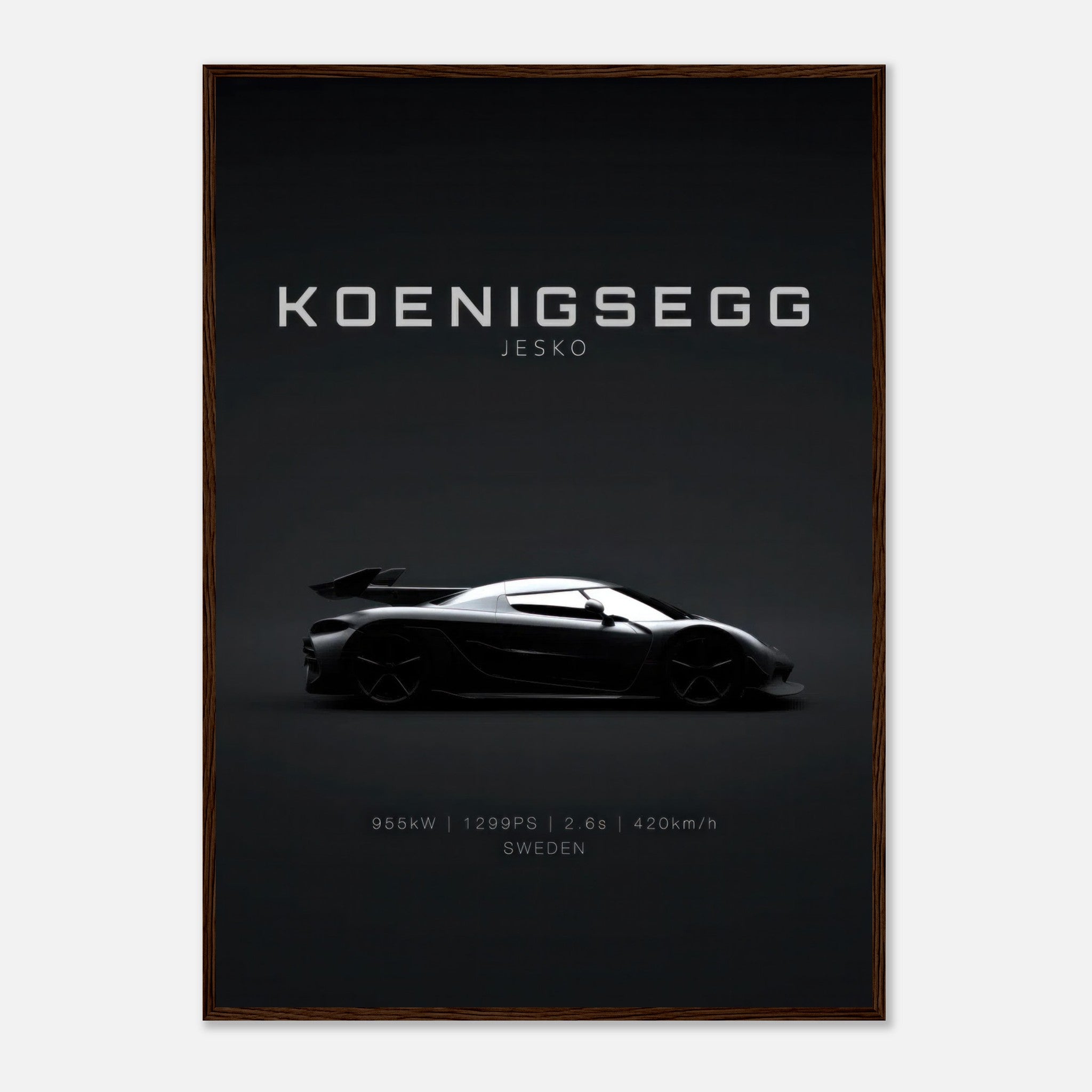 Koenigsegg Jesko framed poster showcasing the sleek silhouette against a black background, ideal for car enthusiasts.