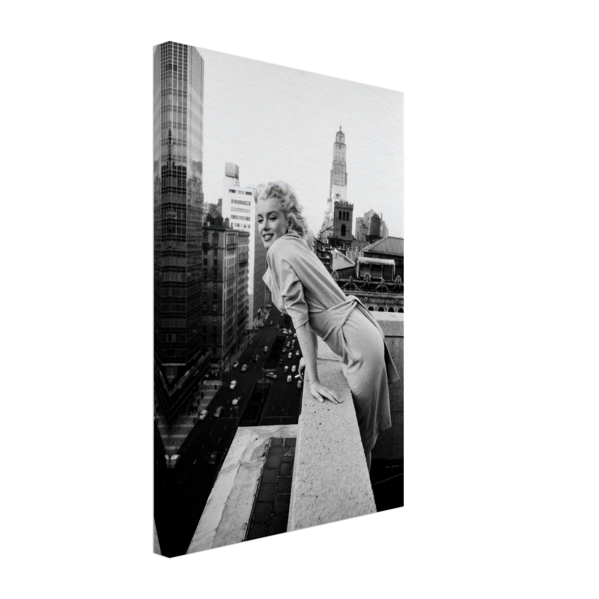 Marilyn Monroe on the rooftops of New York, iconic black-and-white canvas art capturing vintage Hollywood elegance.