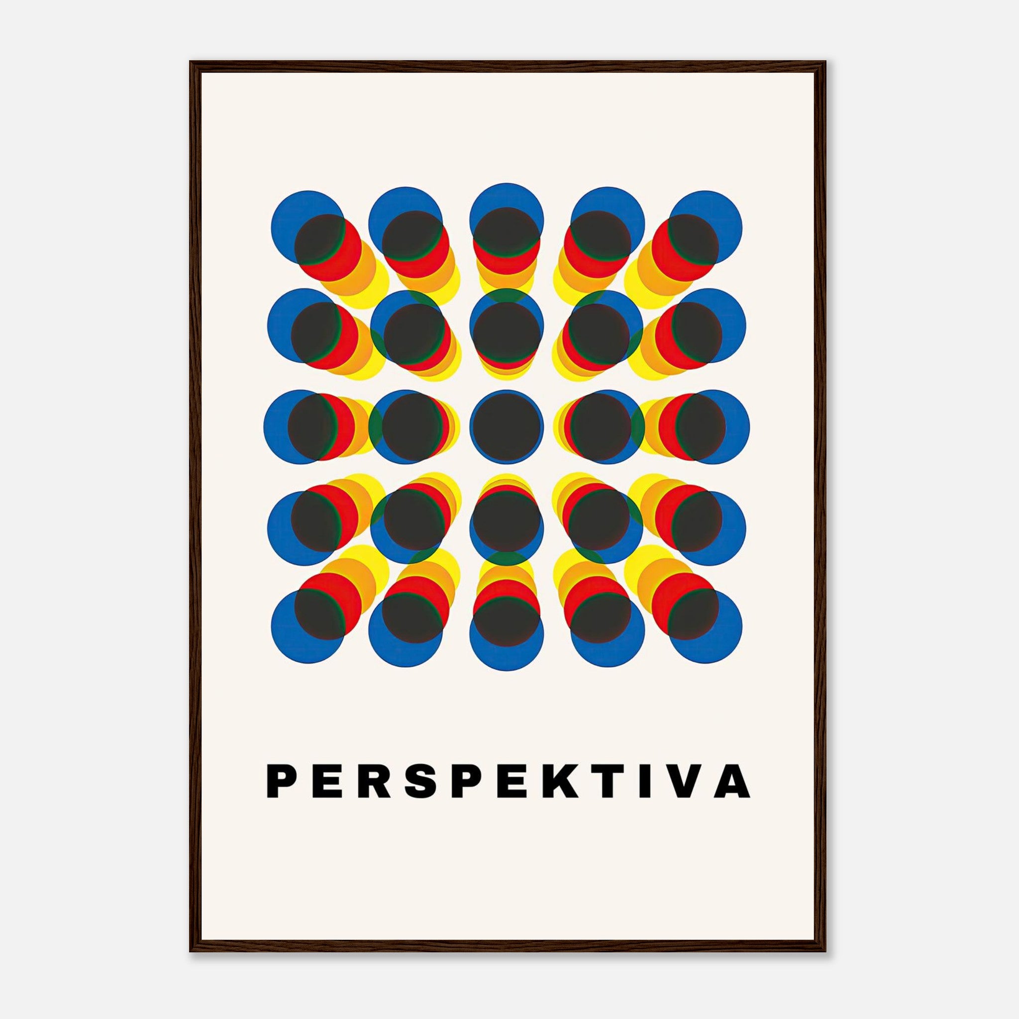 Framed print of vibrant geometric pattern with circles and bold colors titled 'Perspektiva'.