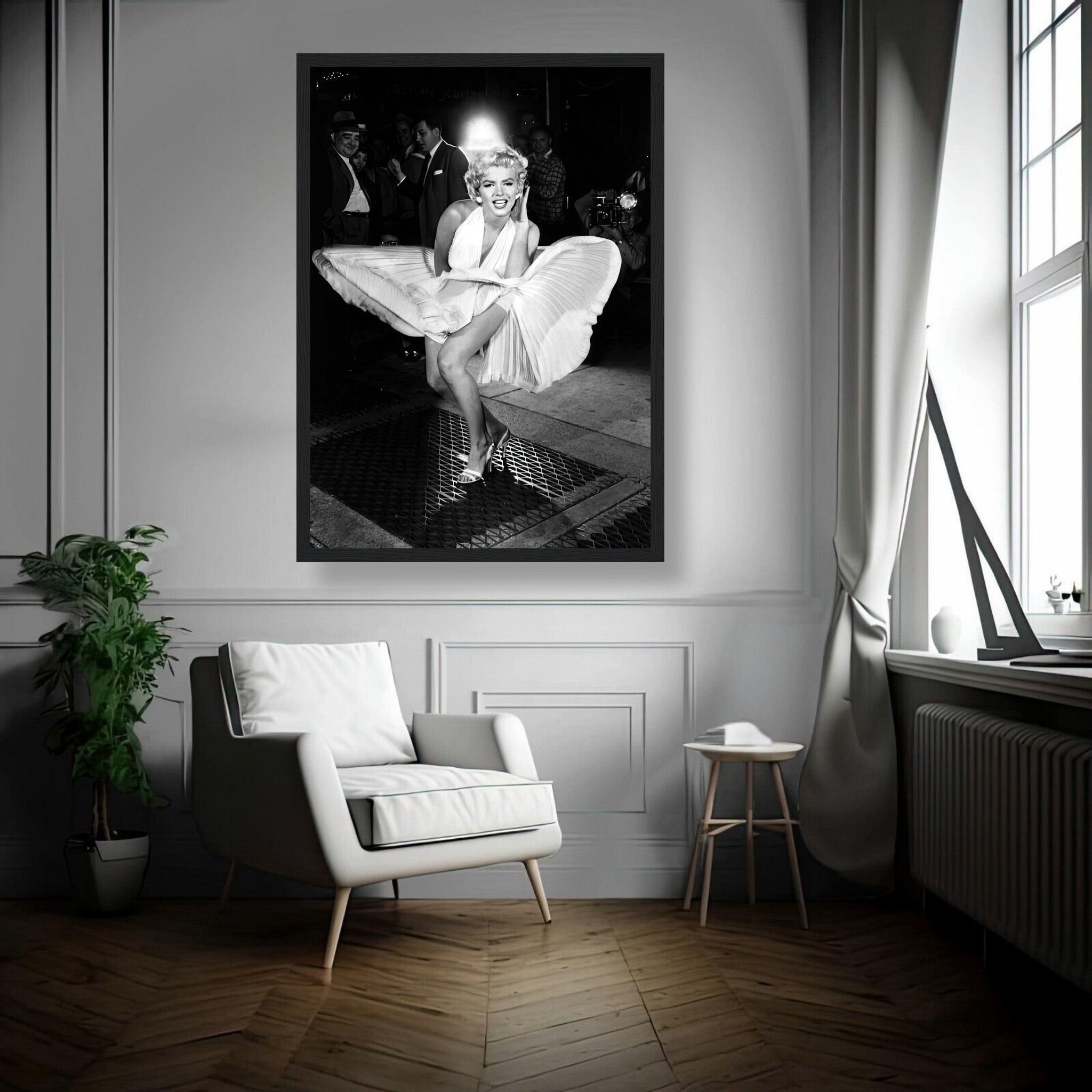 Framed print of Marilyn Monroe in white dress, iconic wind-blown moment from The Seven Year Itch.