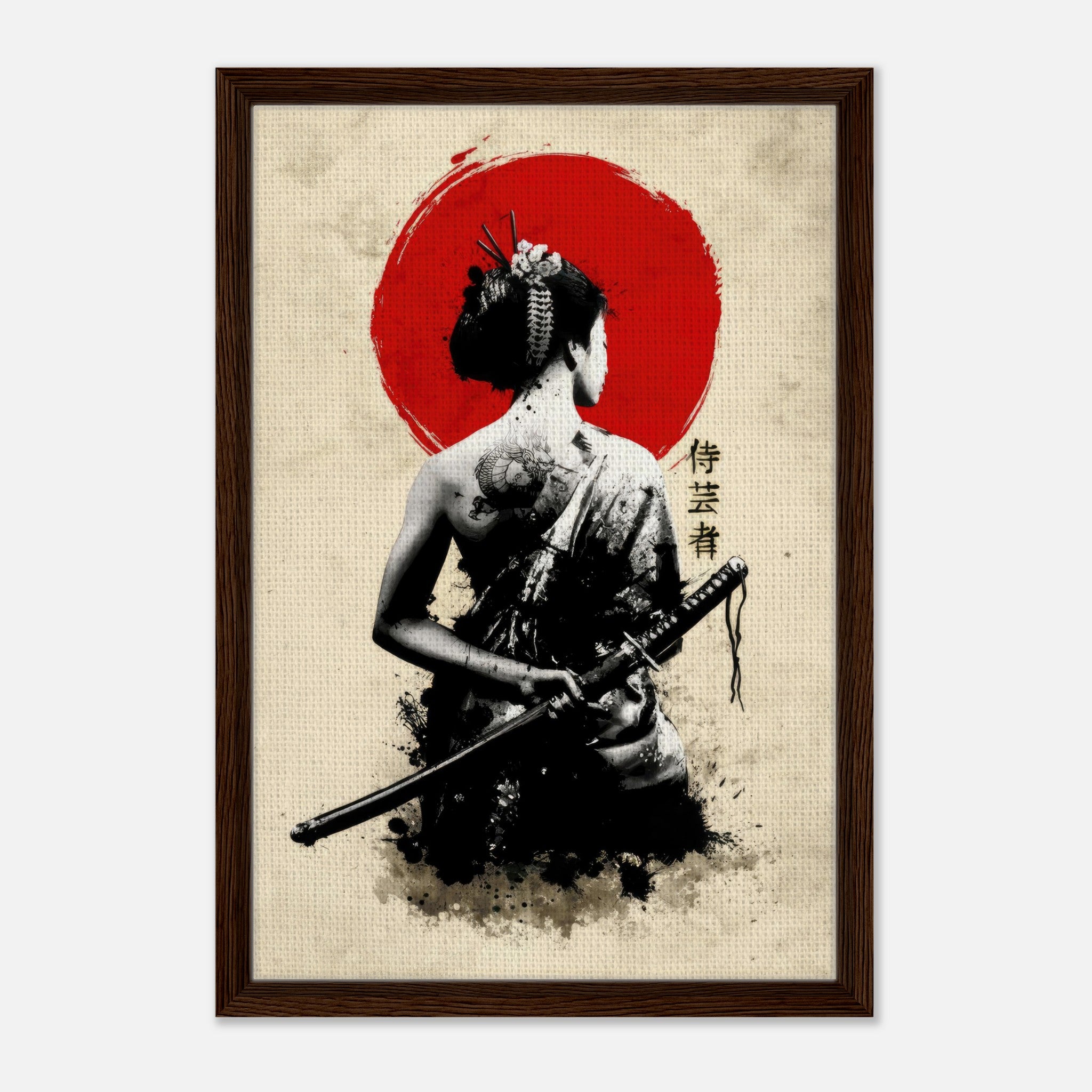 The Samurai Geisha Framed Canvas featuring a bold geisha with a katana and red sun, symbolizing strength and elegance.