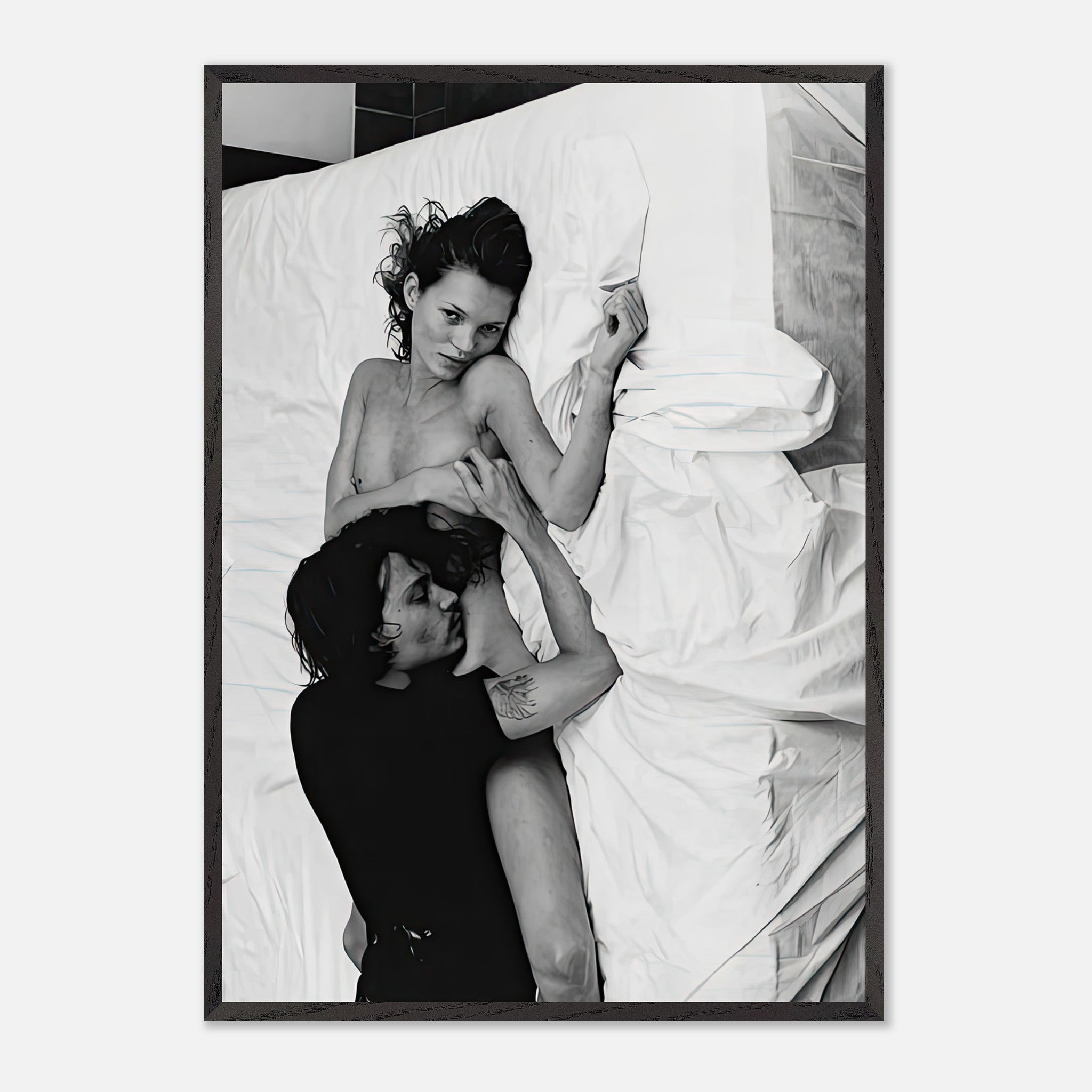 Vintage framed print of Kate Moss and Johnny Depp in New York, 1994, capturing iconic romance and style.