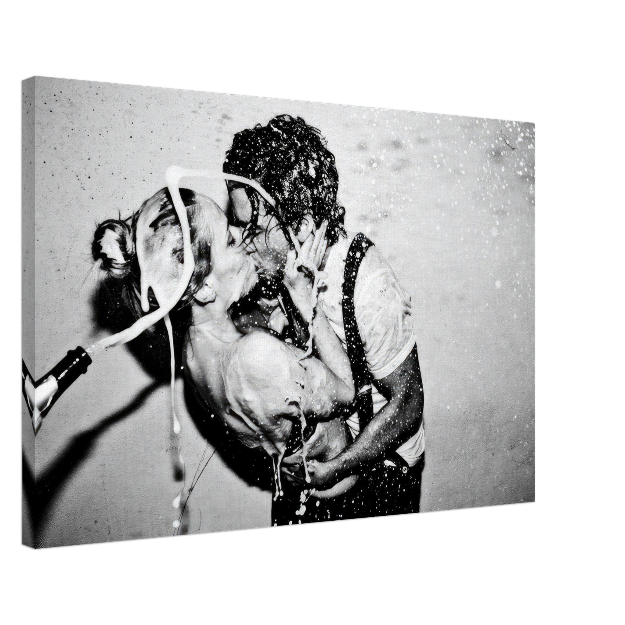The Champagne Kiss canvas print featuring a passionate black-and-white moment of Johnny Depp and Kate Moss.