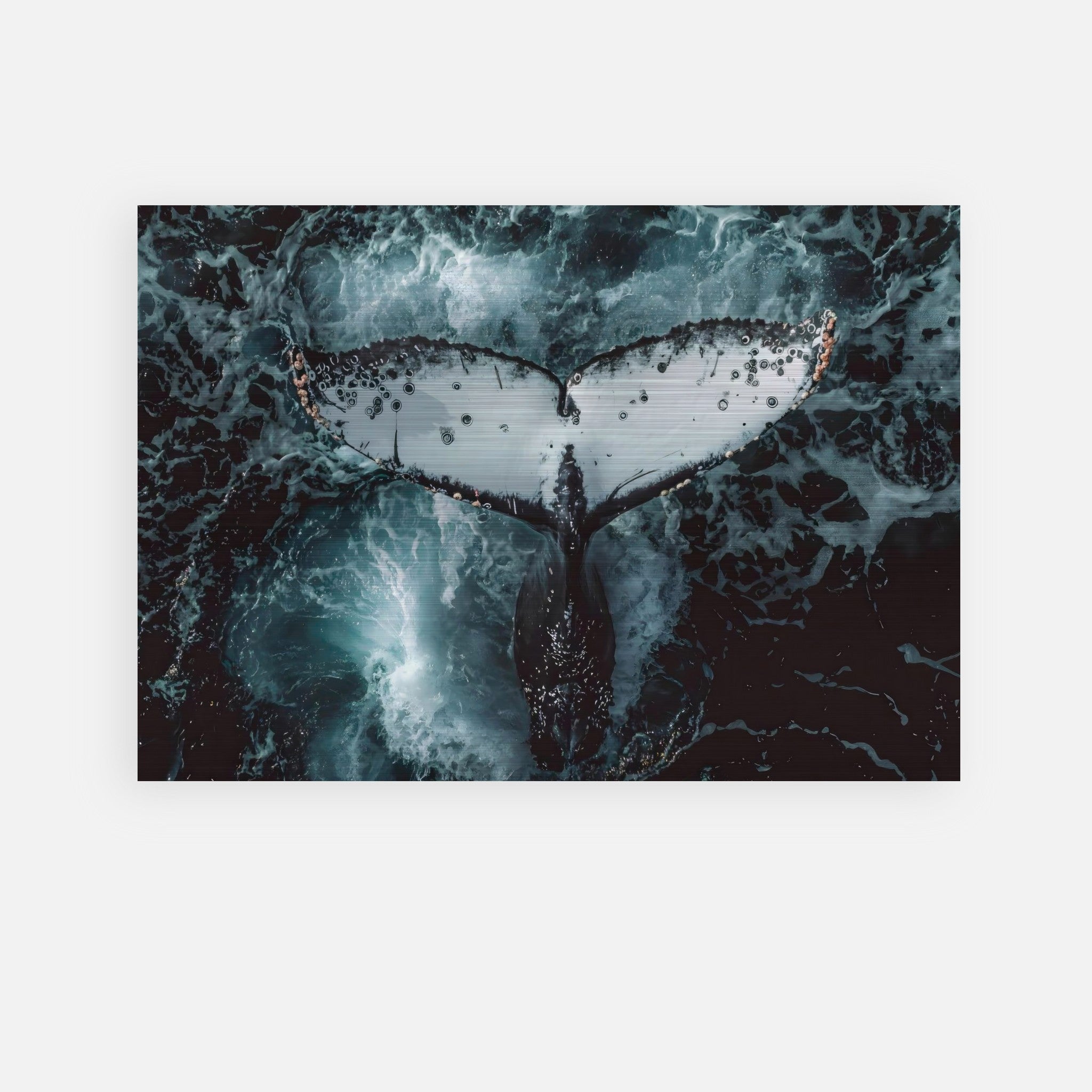 Humpback whale tail above ocean waves captured in brushed metal print, showcasing marine beauty and detail.