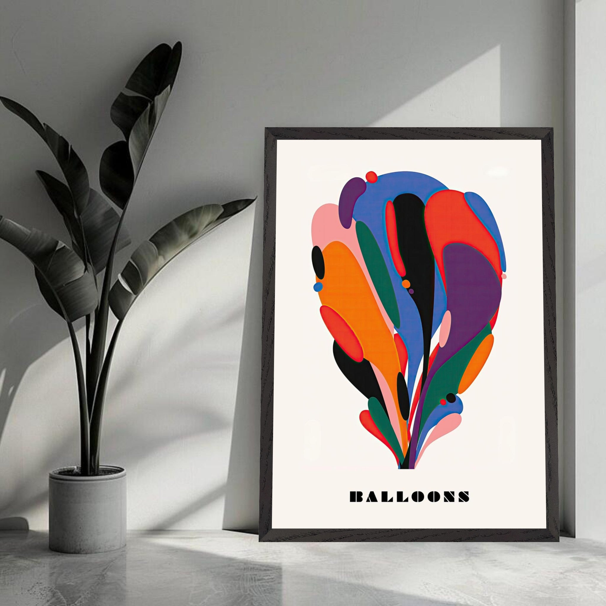 Colorful abstract balloon art print in a stylish frame, enhancing modern decor with vibrant energy.