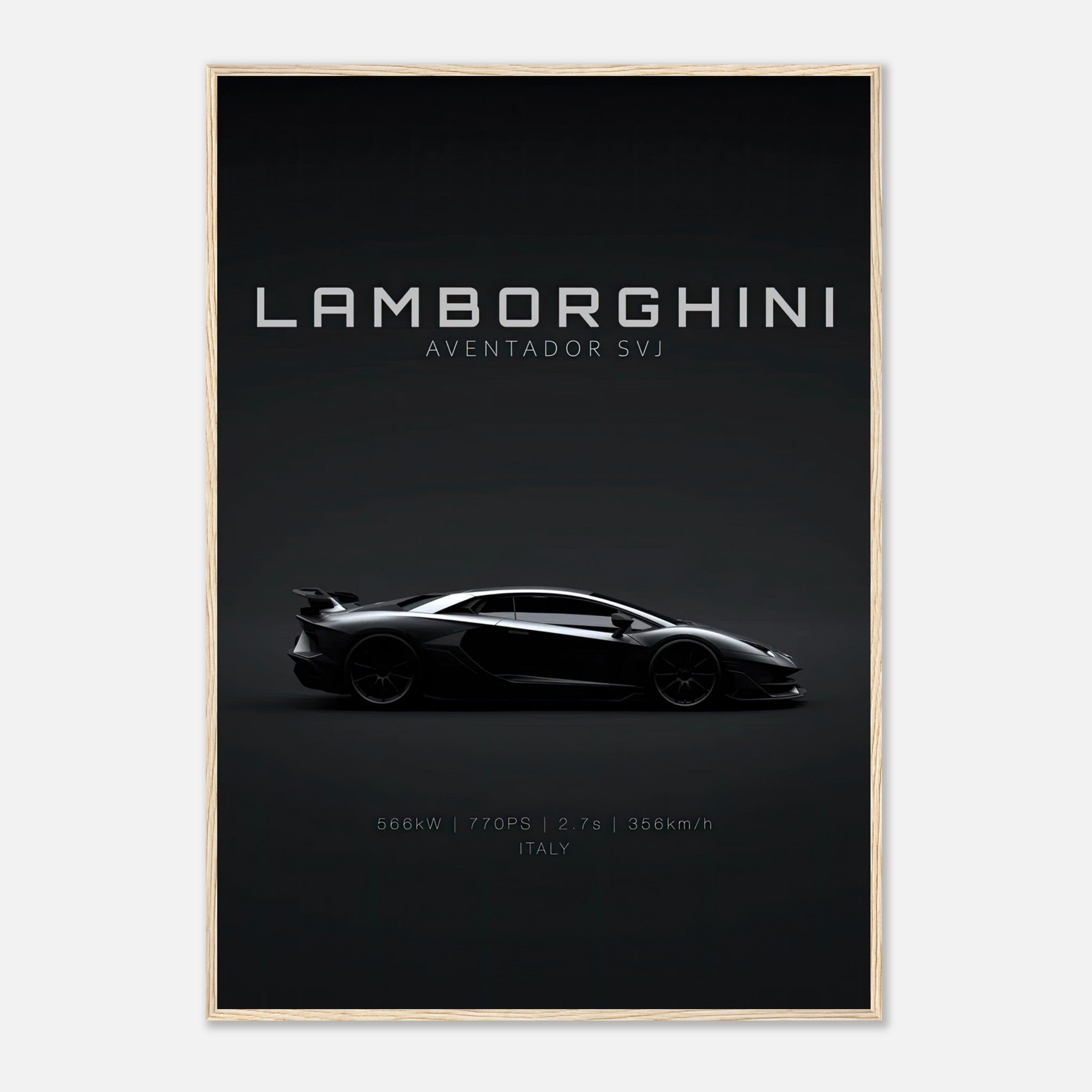 Lamborghini Aventador SVJ framed poster showcasing its sleek silhouette and specifications.