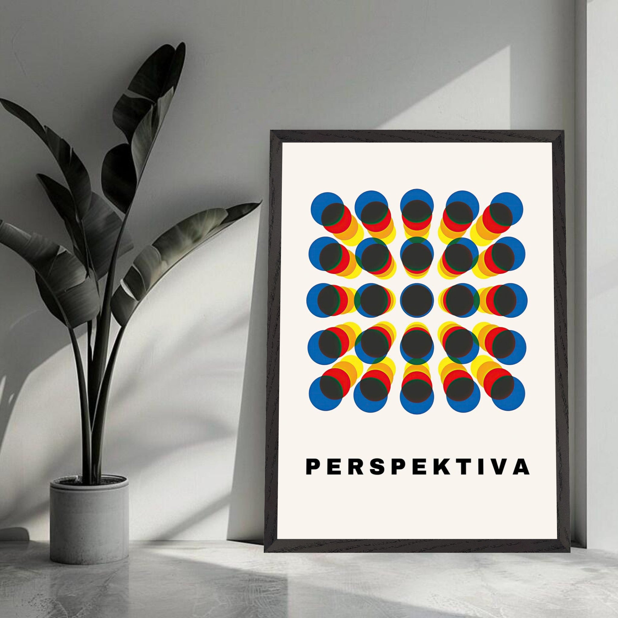 Perspective Abstract Art titled 'Perspektiva' showcasing vibrant geometric patterns in blue, red, and yellow hues.