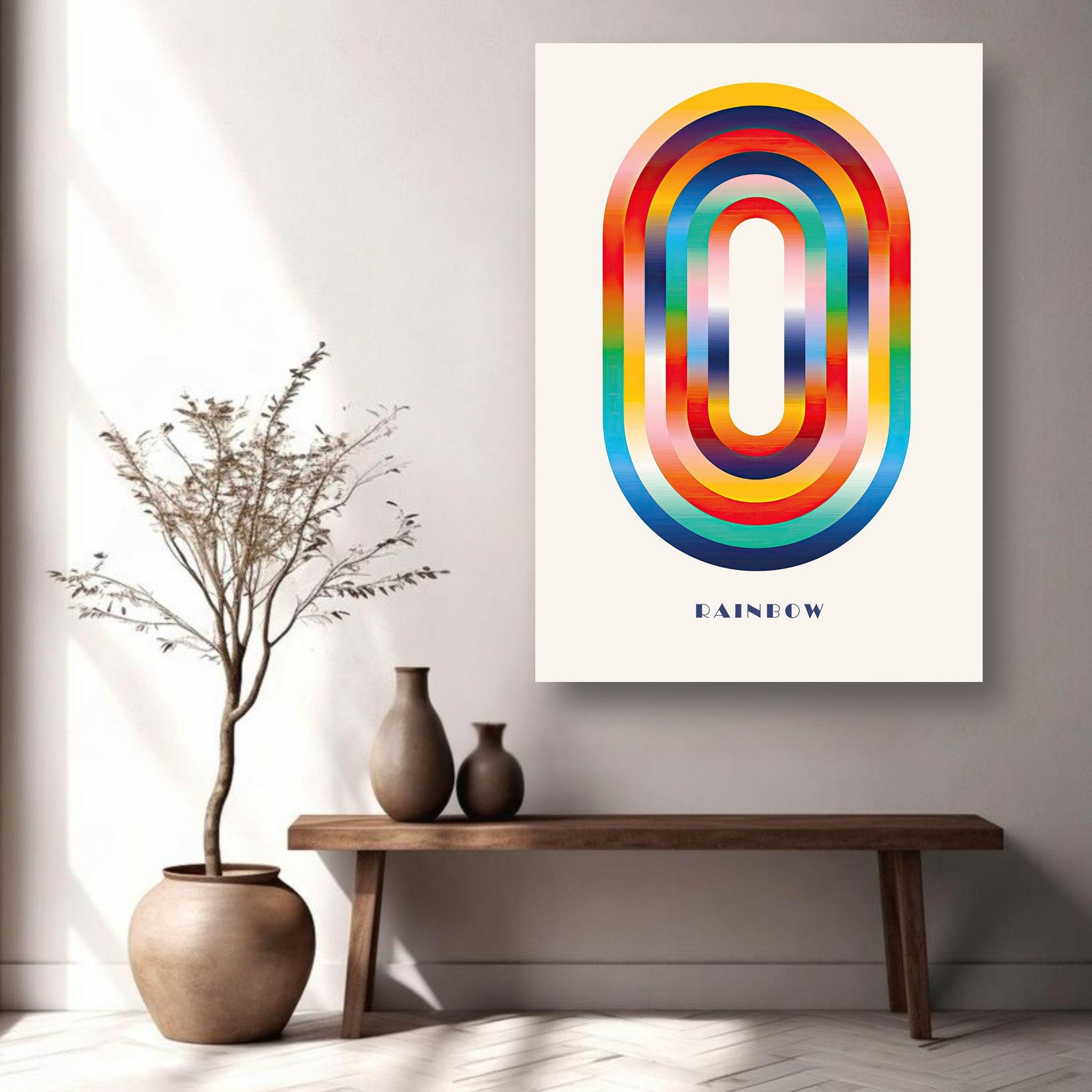 Colorful abstract rainbow geometric art print on wall over wooden table with vases, enhancing modern decor.