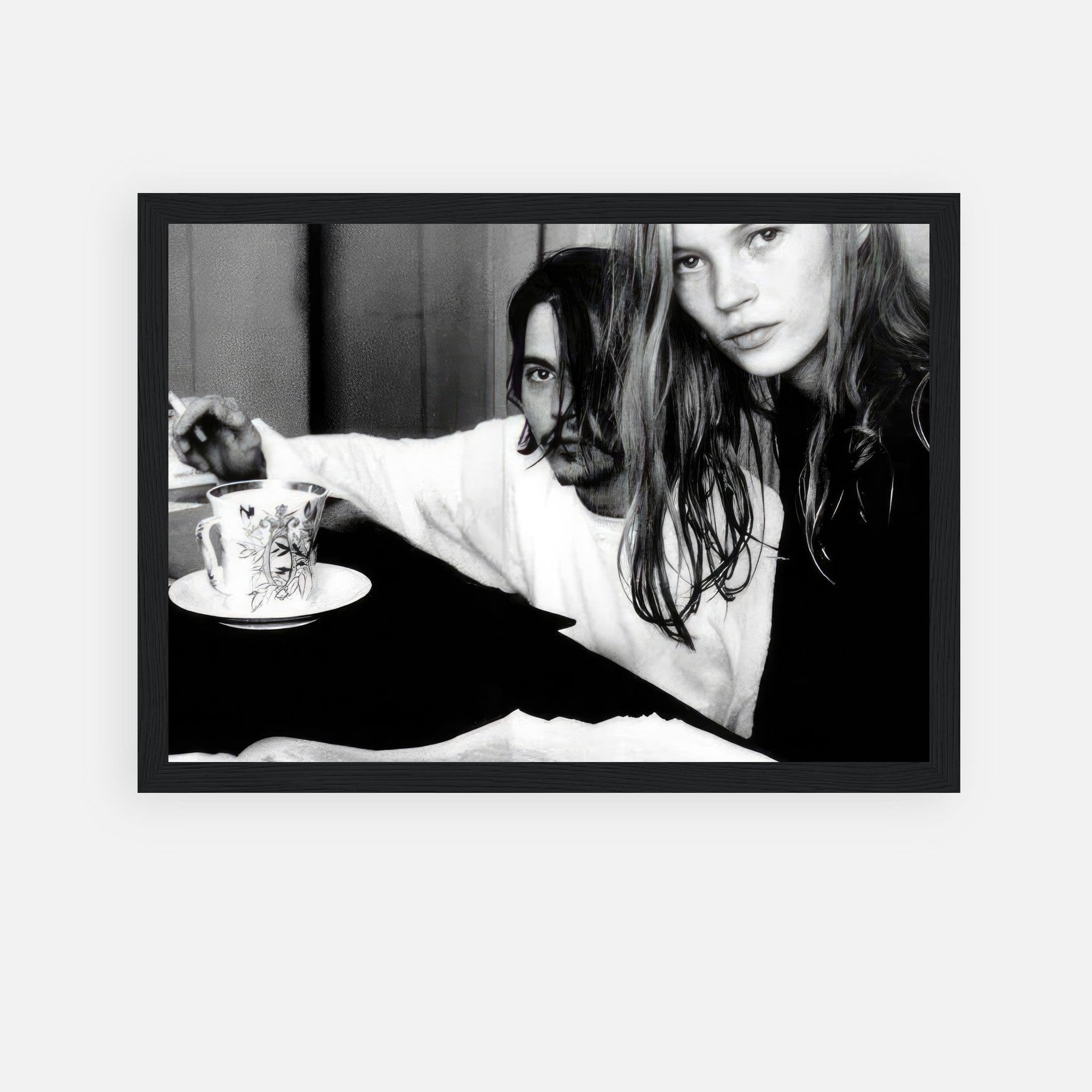 Rebel Romance framed print of Johnny Depp and Kate Moss in black-and-white, capturing 1990s intensity and cool.
