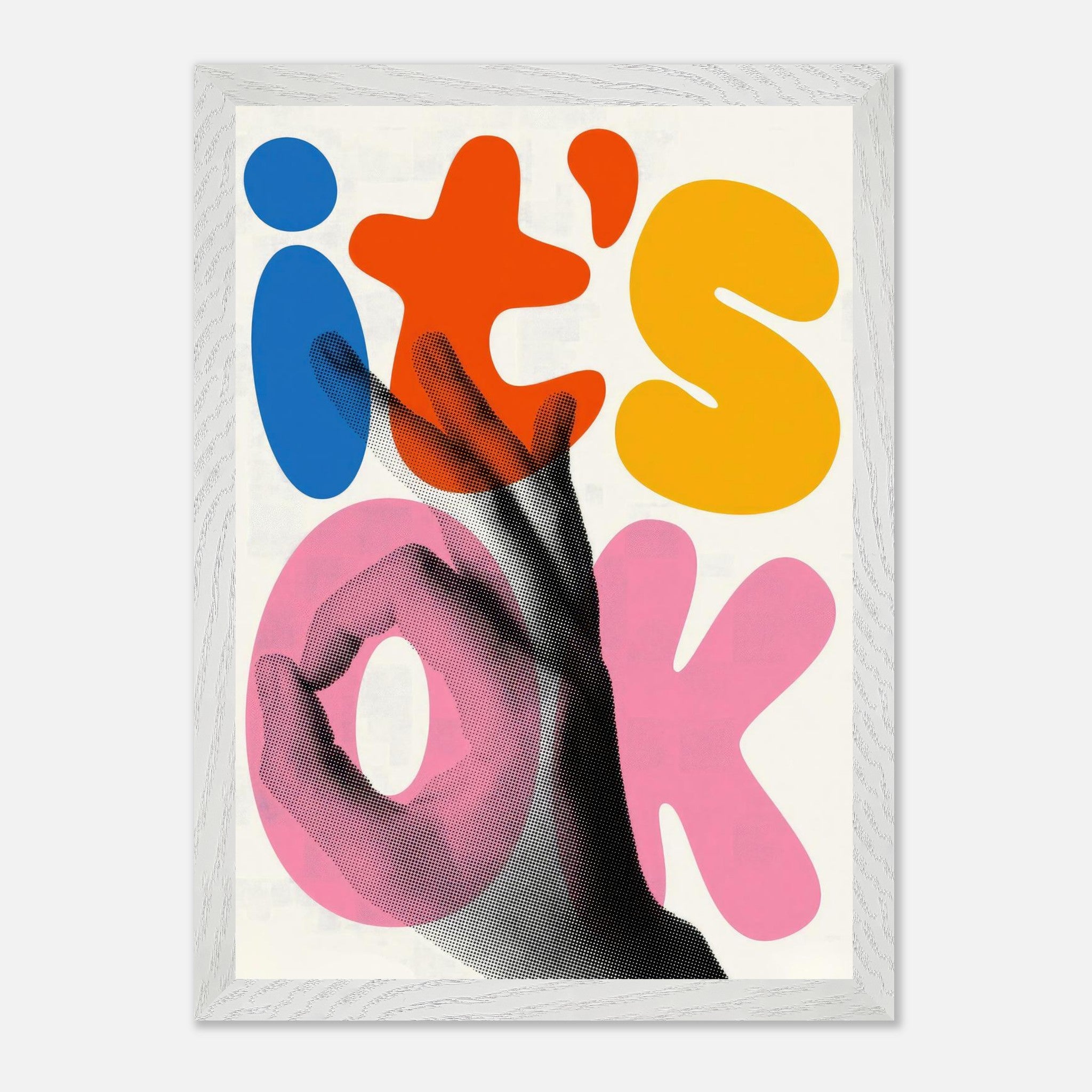 Retro abstract pop art print featuring vibrant typography and a hand gesture in bright colors.