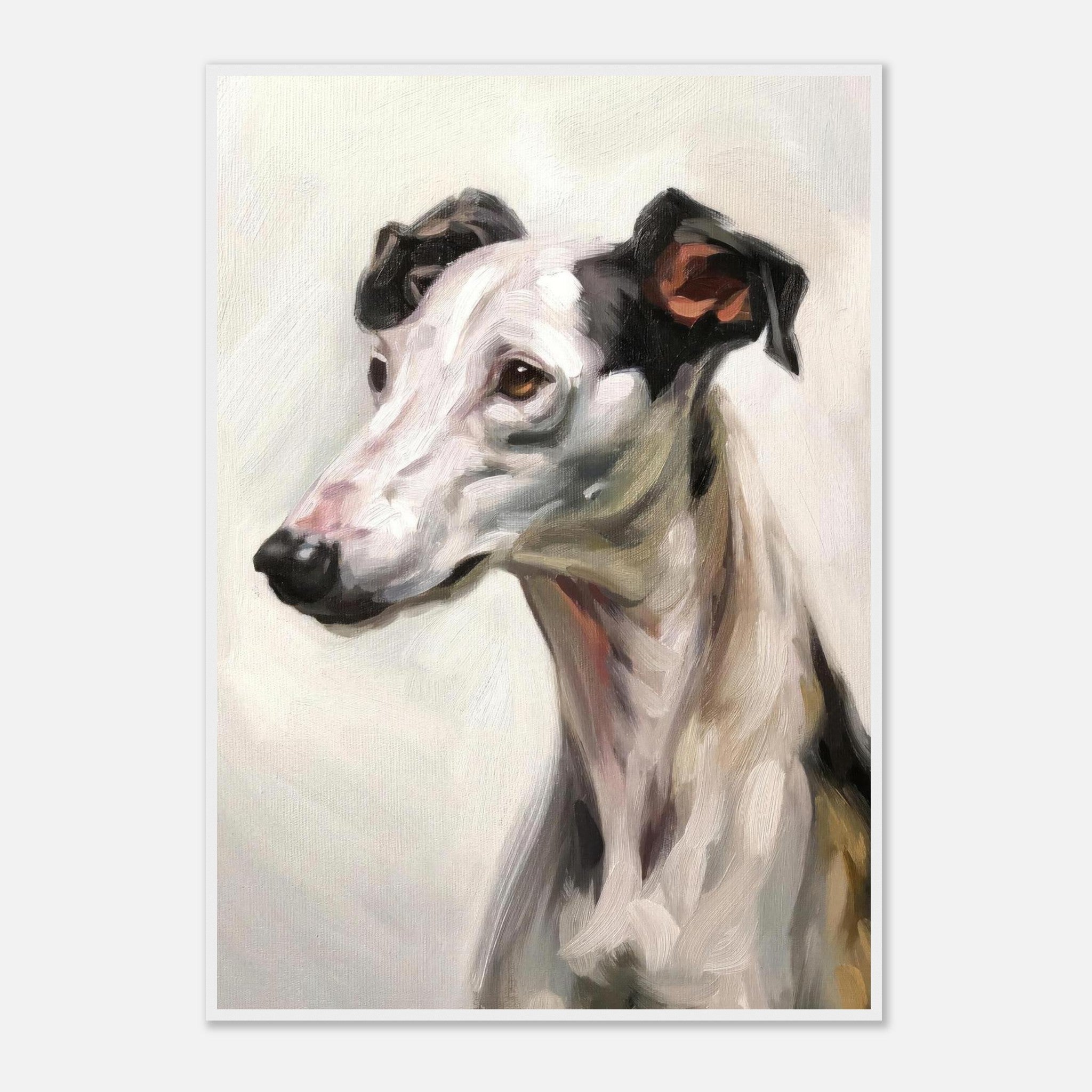Elegant Greyhound dog painting in soft brushstrokes, showcasing the breed's grace in a framed print.