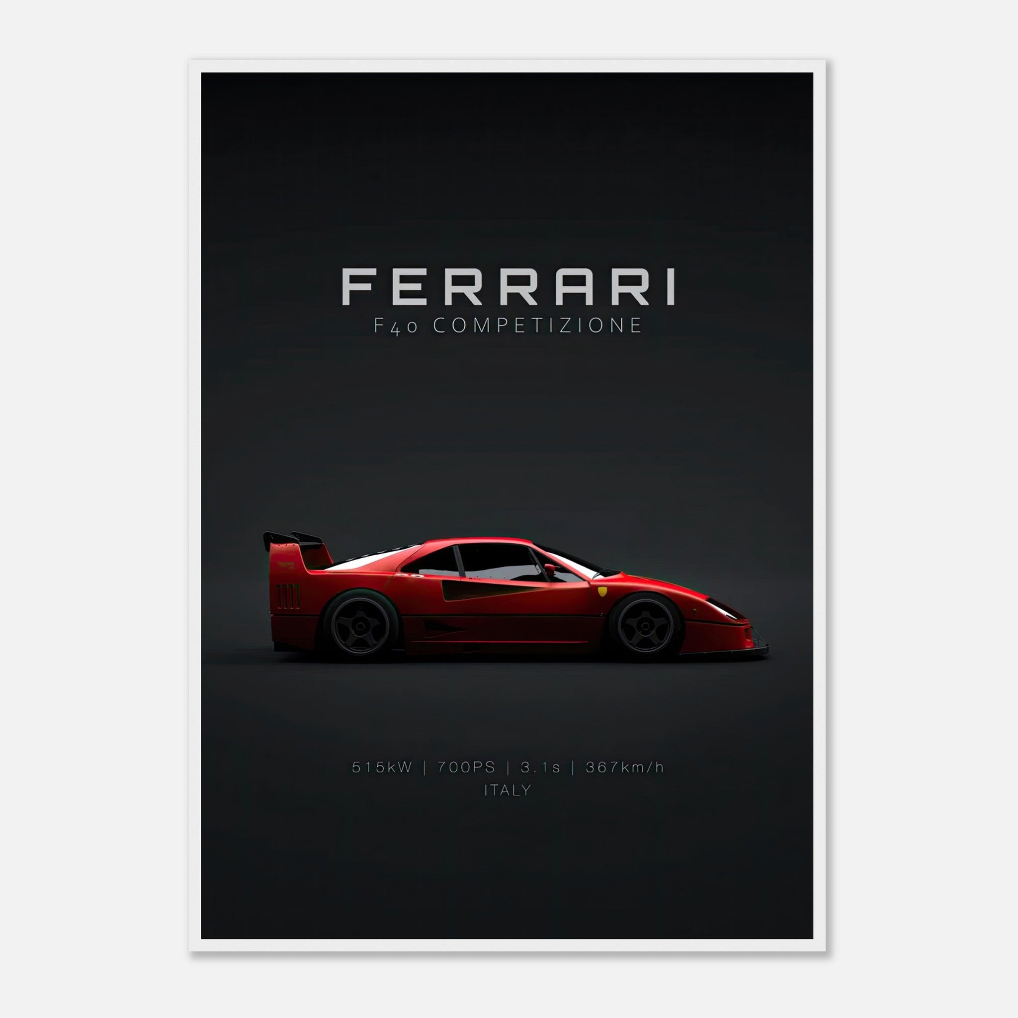 Ferrari F40 Competizione framed poster showcasing sleek design and vibrant red color on a dark minimalist backdrop.