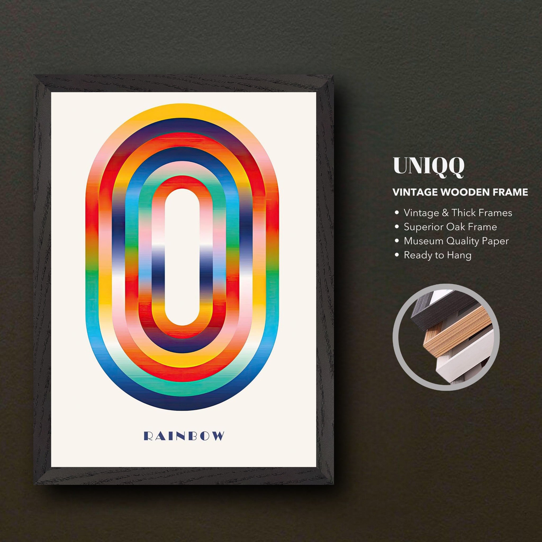 Abstract rainbow geometric art vintage framed print featuring vibrant colors and a dynamic circular design.