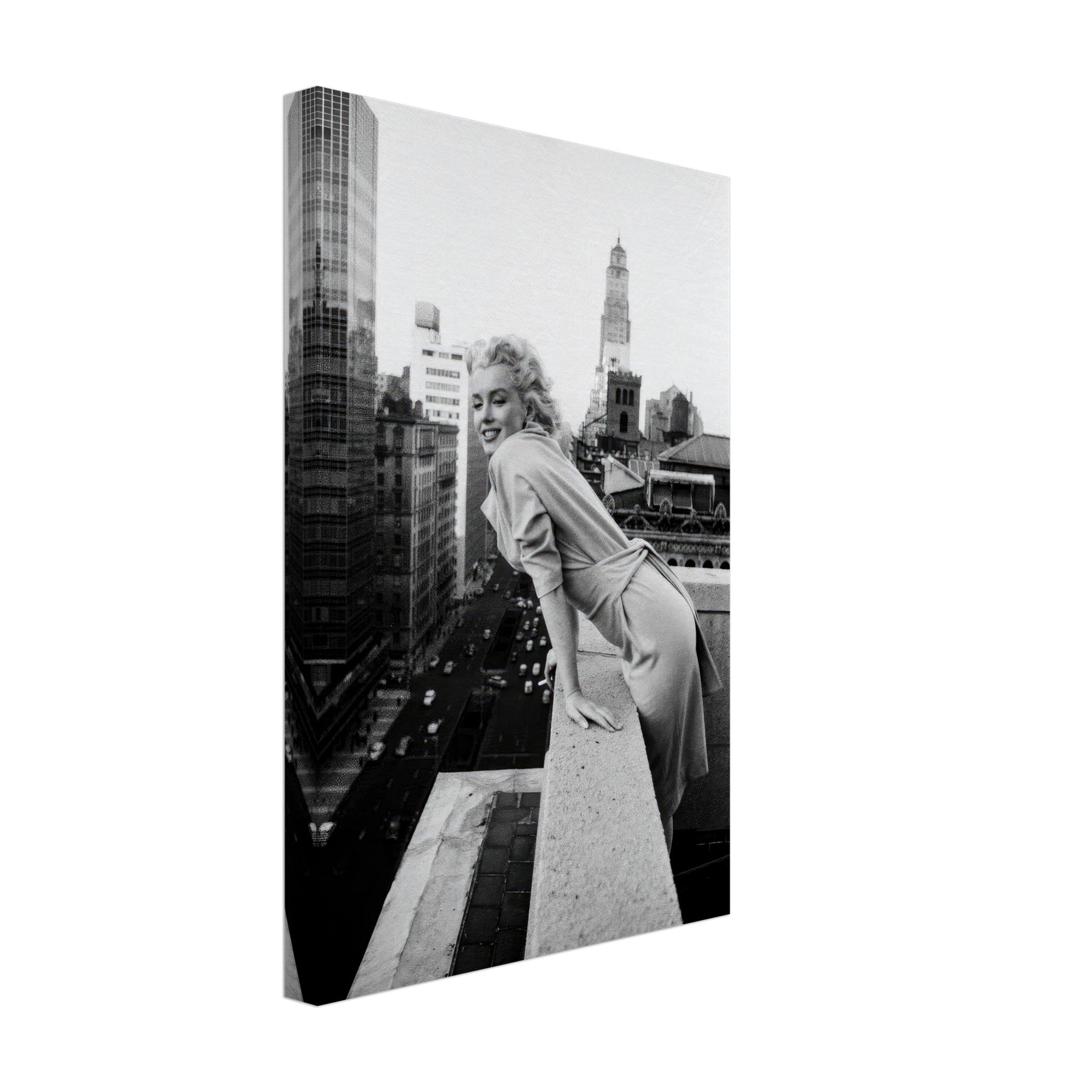 Marilyn Monroe on rooftops in New York, iconic black-and-white canvas art piece showcasing vintage Hollywood elegance.