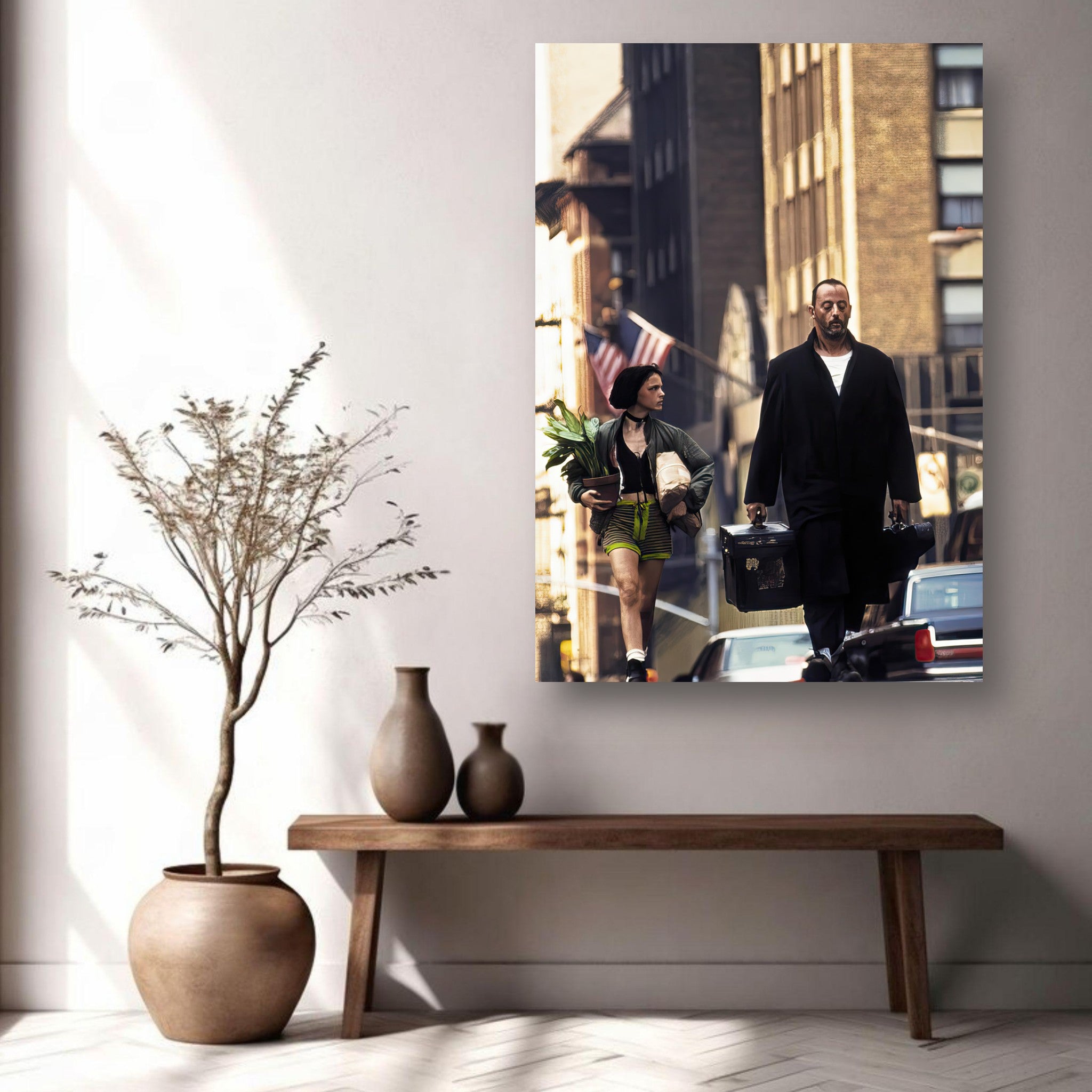 Jean Reno and Natalie Portman in iconic scene from *Leon: The Professional* metal print artwork on display.