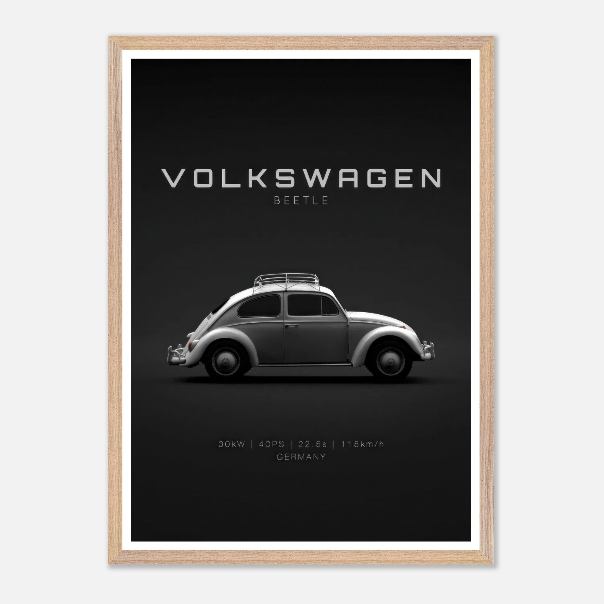 Volkswagen Beetle vintage framed art showcasing classic car design against a minimalist black background.
