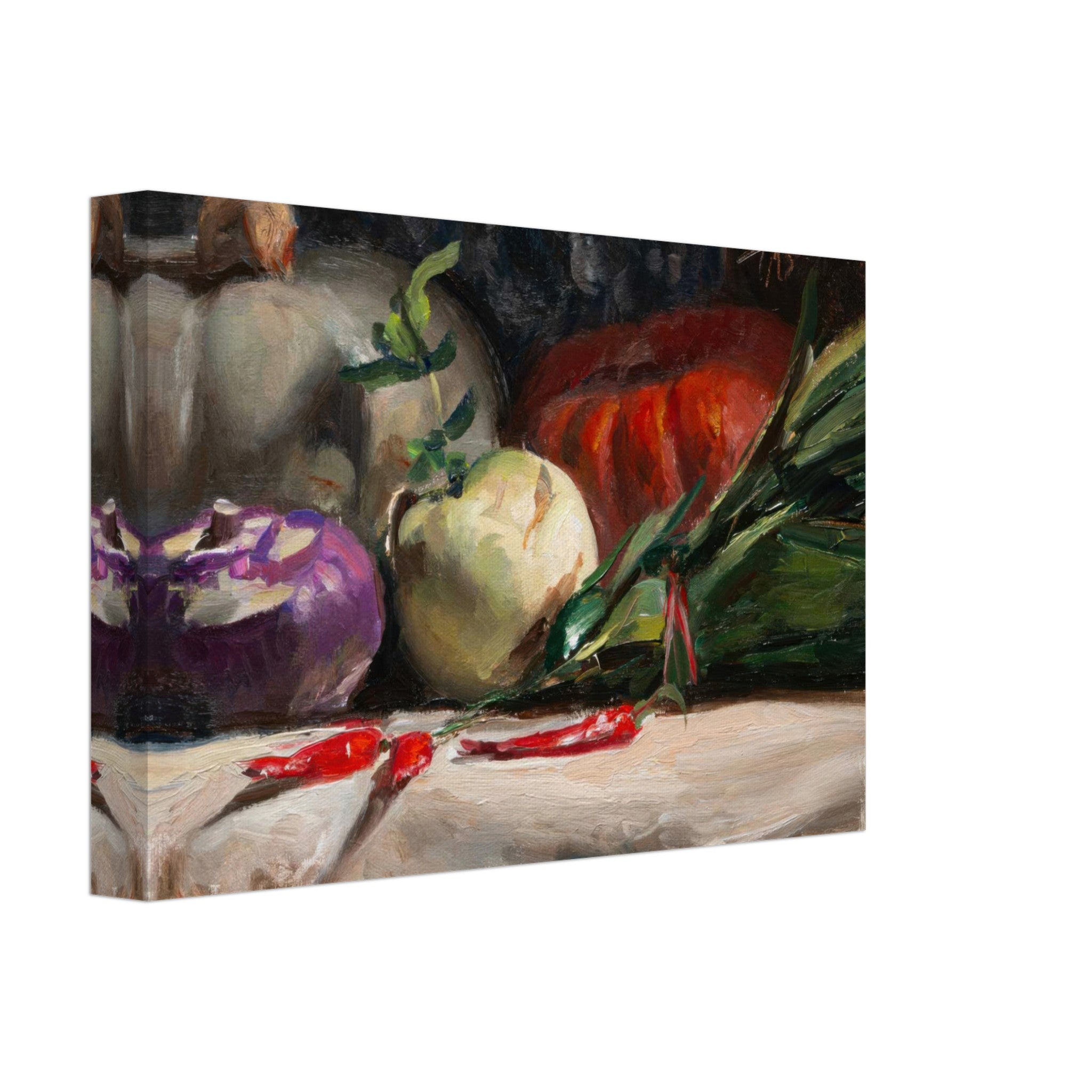 Still life canvas print featuring kohlrabi, pumpkins, and red chilis in rich, vibrant colors.