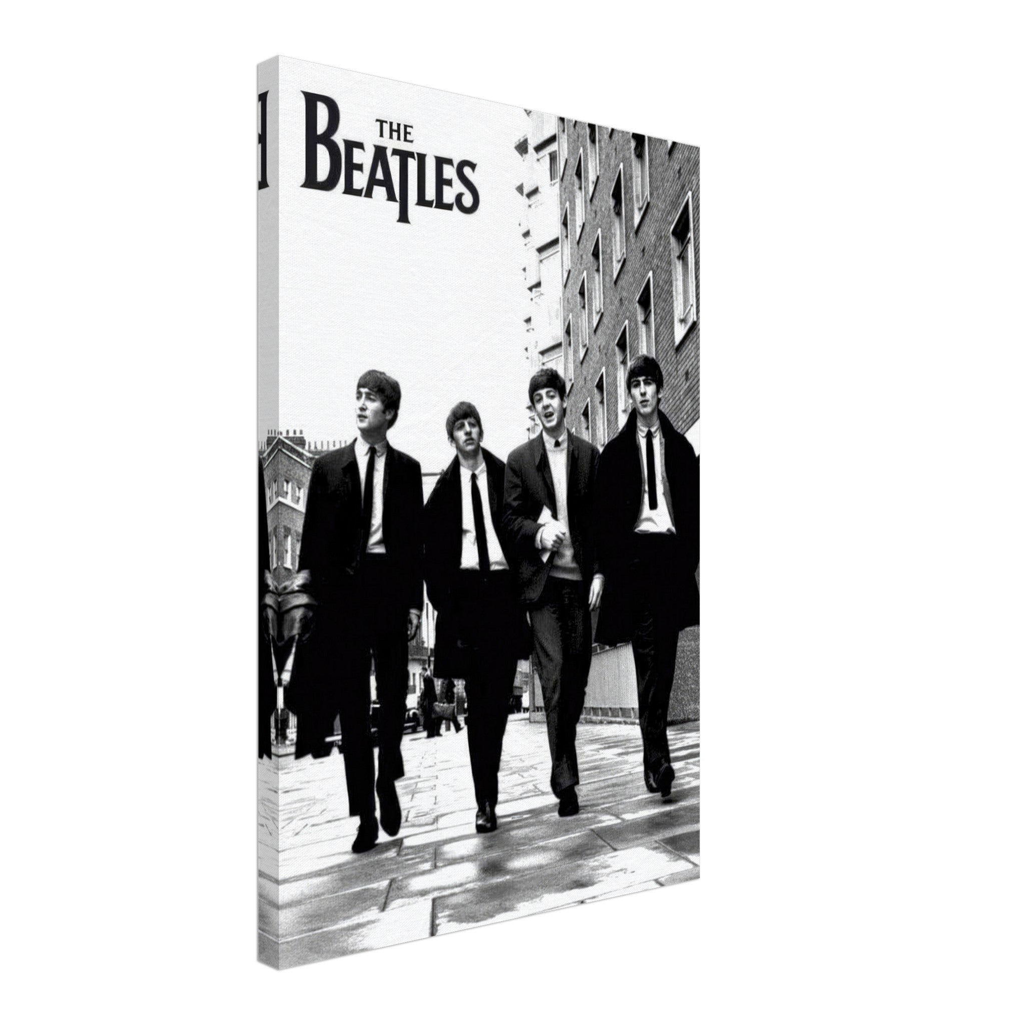 The Beatles Cover Canvas Print featuring the iconic band walking in black and white, perfect for music lovers.