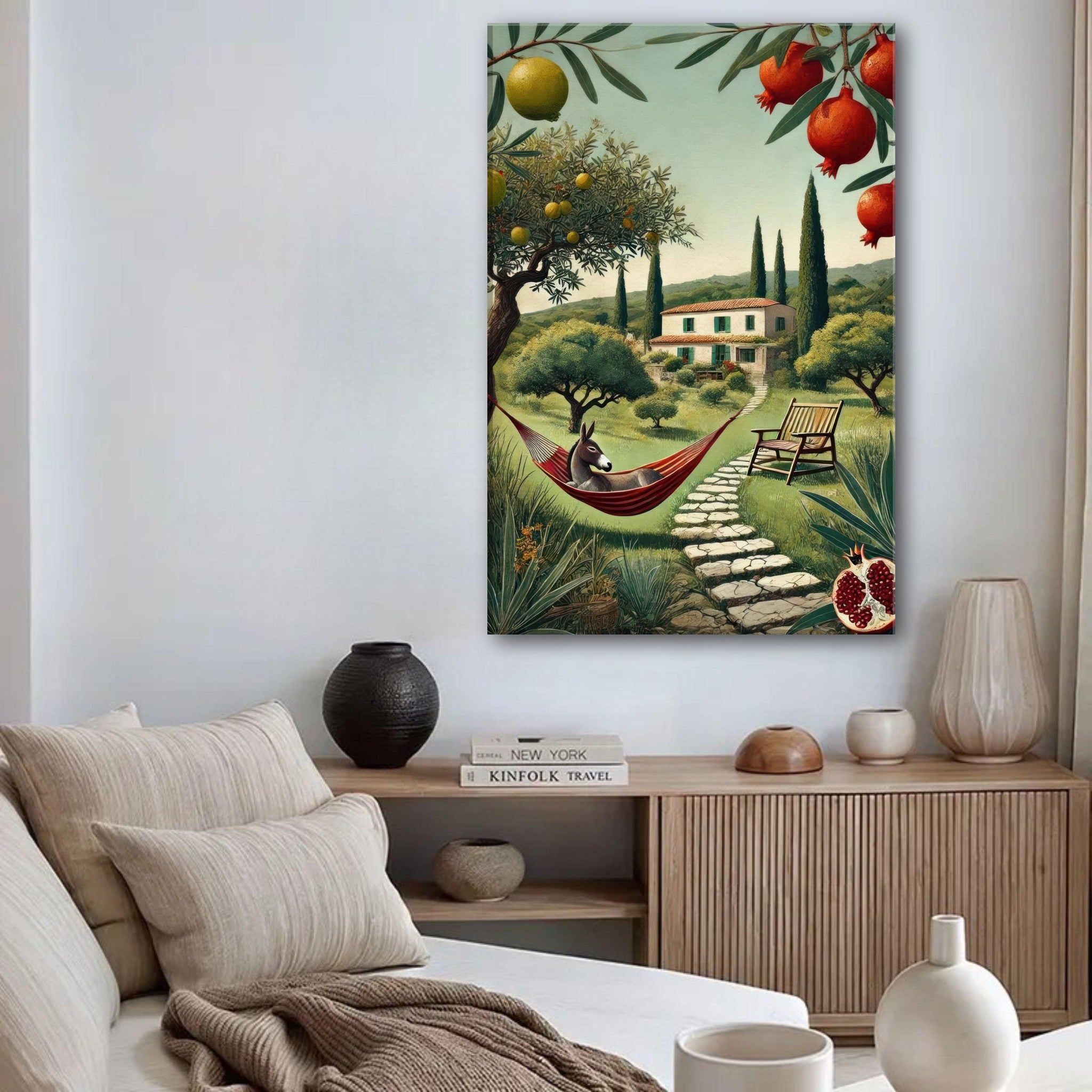 Mediterranean rural landscape canvas print featuring a hammock, villa, and lush greenery.