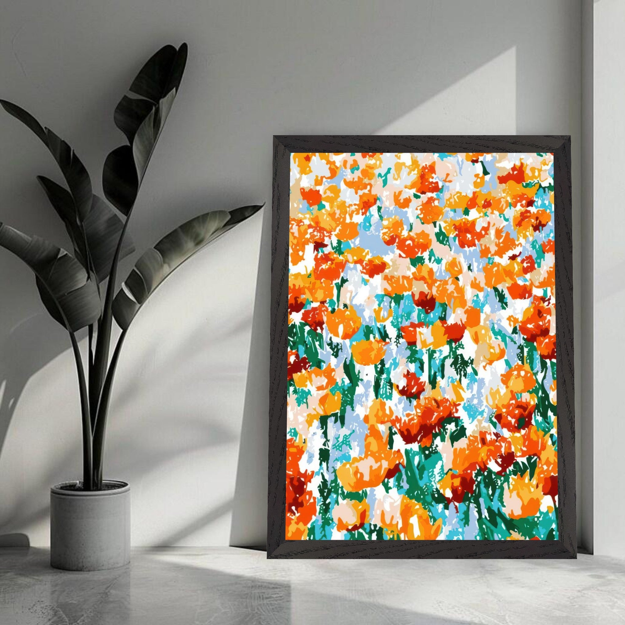 Abstract Floral Tulip Garden vintage print with vibrant orange and yellow tulips in a modern frame.