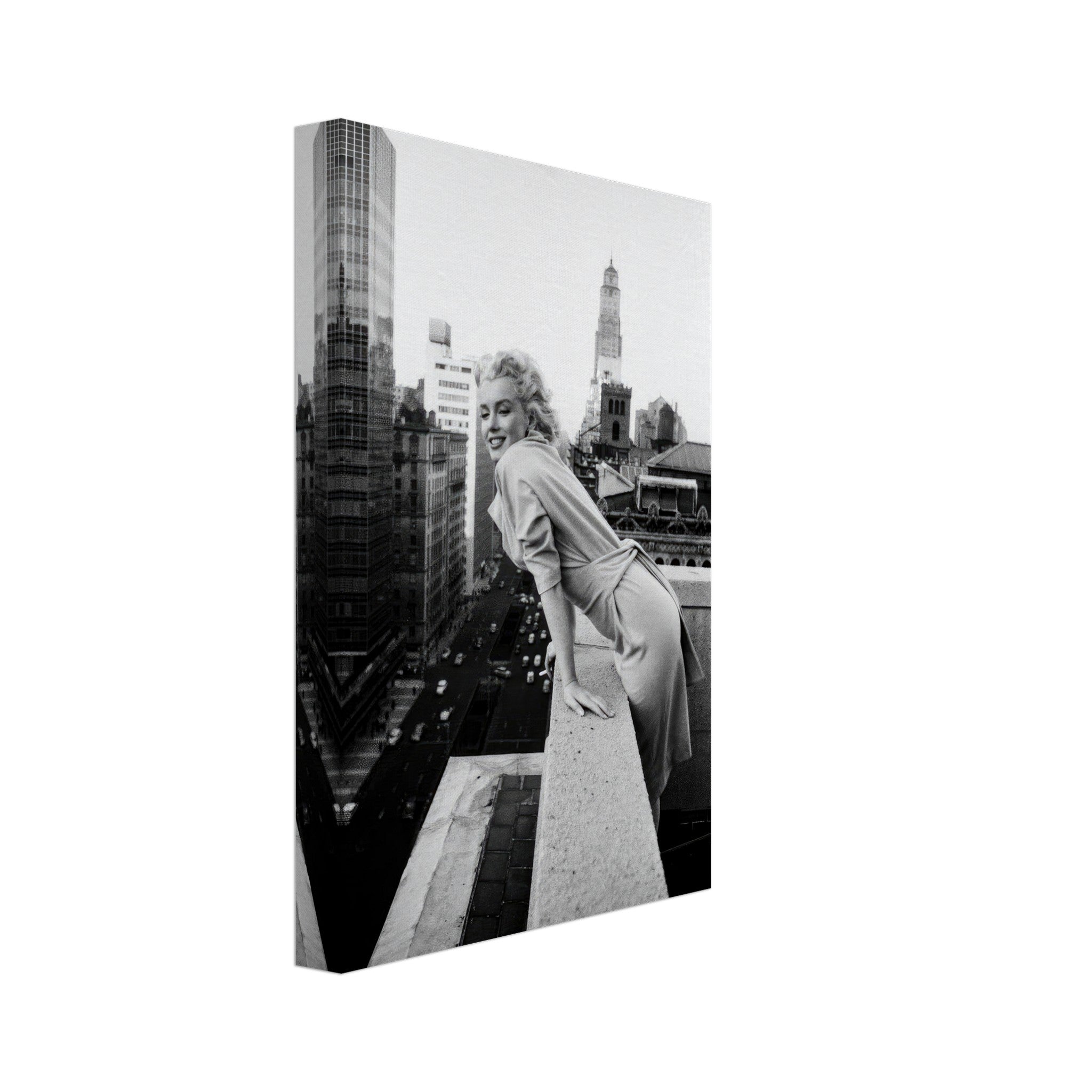 Marilyn Monroe on rooftops of New York Canvas, iconic black-and-white image capturing vintage Hollywood elegance.