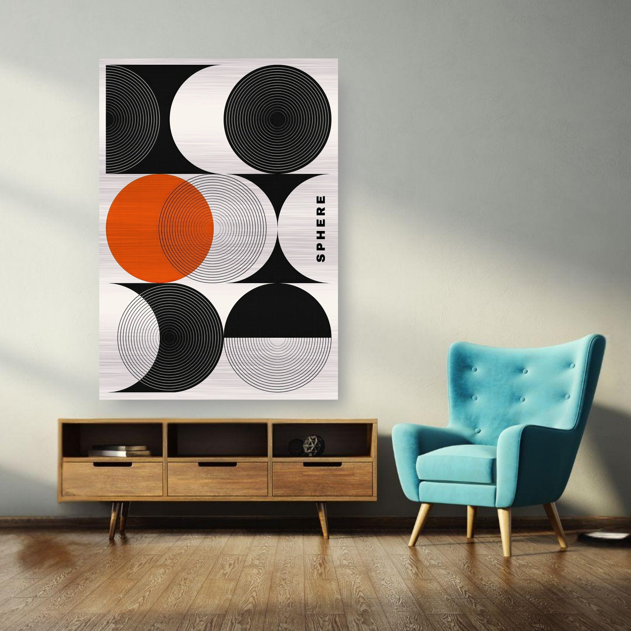 Abstract Geometric Sphere Art in Brushed Metal featuring bold black, white, and orange circular patterns.
