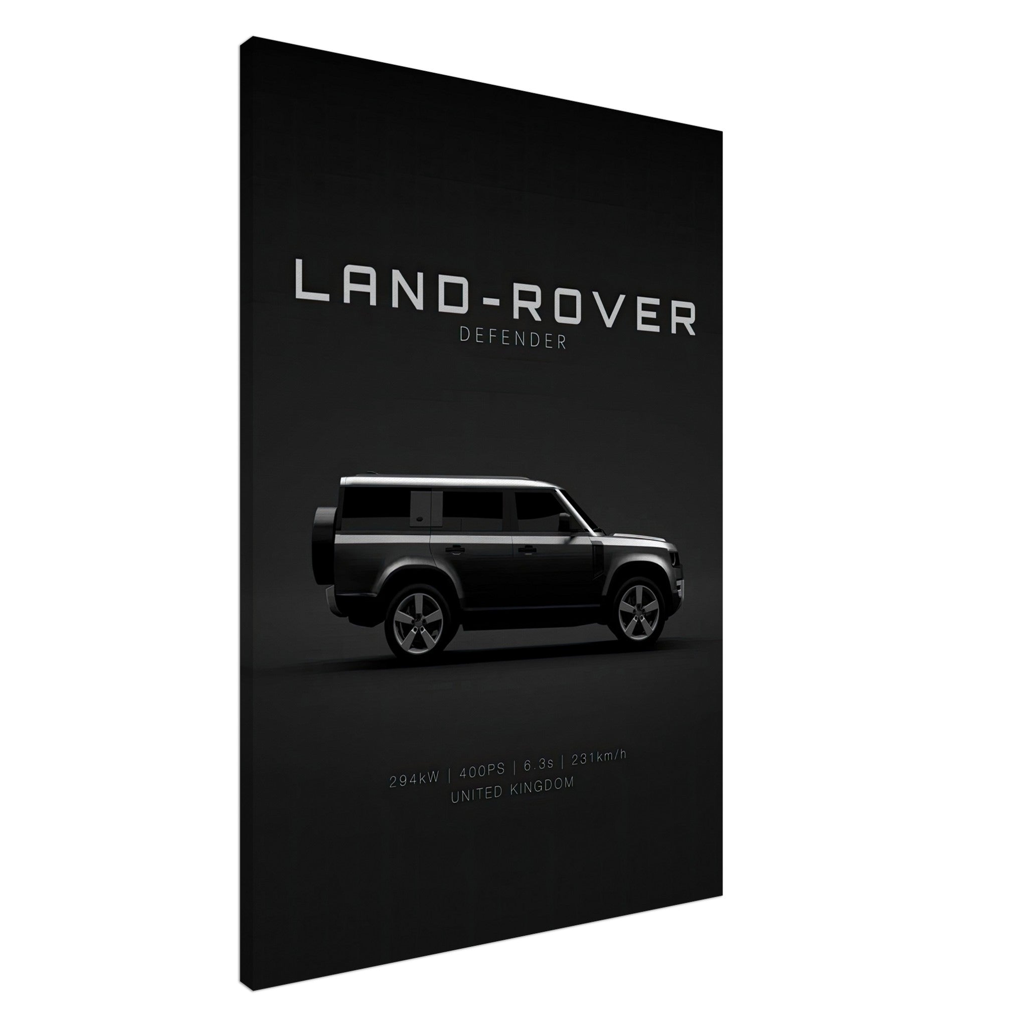 Land Rover Defender canvas art featuring sleek side profile on minimalist black background.