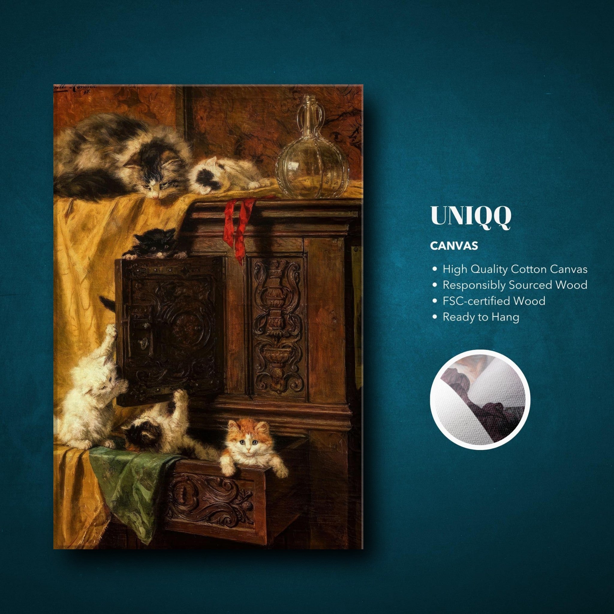 Vintage cat painting canvas print showcasing playful kittens exploring an antique cabinet in warm tones.