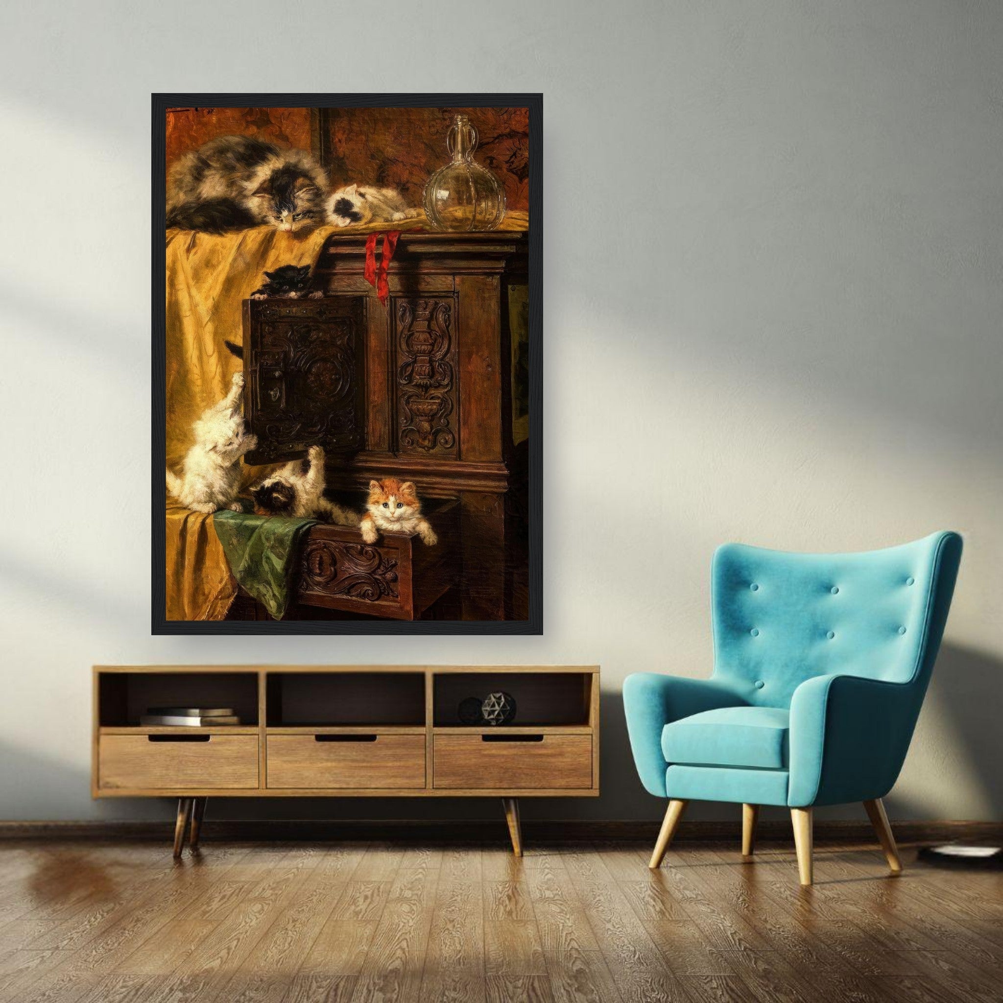 Vintage cat painting framed print featuring playful kittens exploring an antique cabinet in a cozy living room setting.